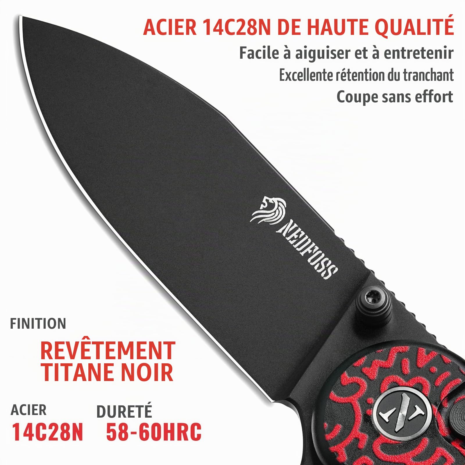 NedFoss FORTUNE couteau pliant, 14C28N acier couteau survie, Longueur lame 7.5 cm, revêtement titane bleu, manche g10 avec clip ceinture, mini couteau de poche