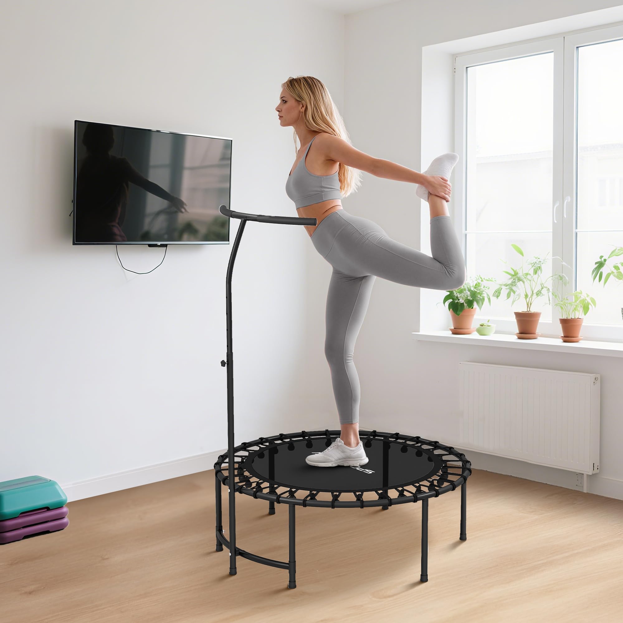 SPORTNOW Trampoline de Fitness 102 cm, Cordes Élastiques, Poignée Réglable 5 Positions, Capacité 100 kg, Cadre en Acier, Trampoline d'exercice pour Gymnastique, Entraînement, Noir