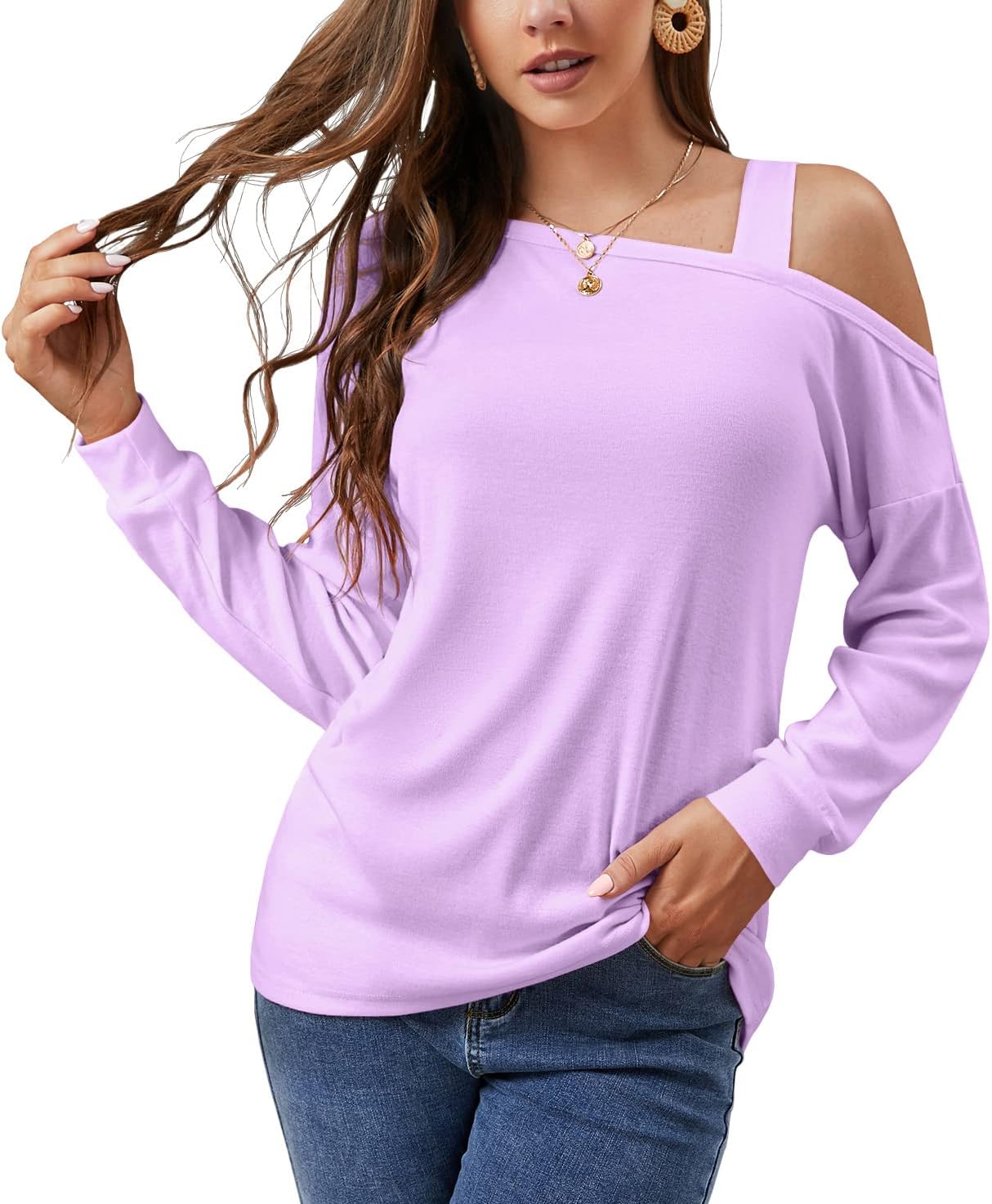 JINKESI Women’s Long Sleeve Tunic Tops Casual Cold Shoulder Blouse Shirts