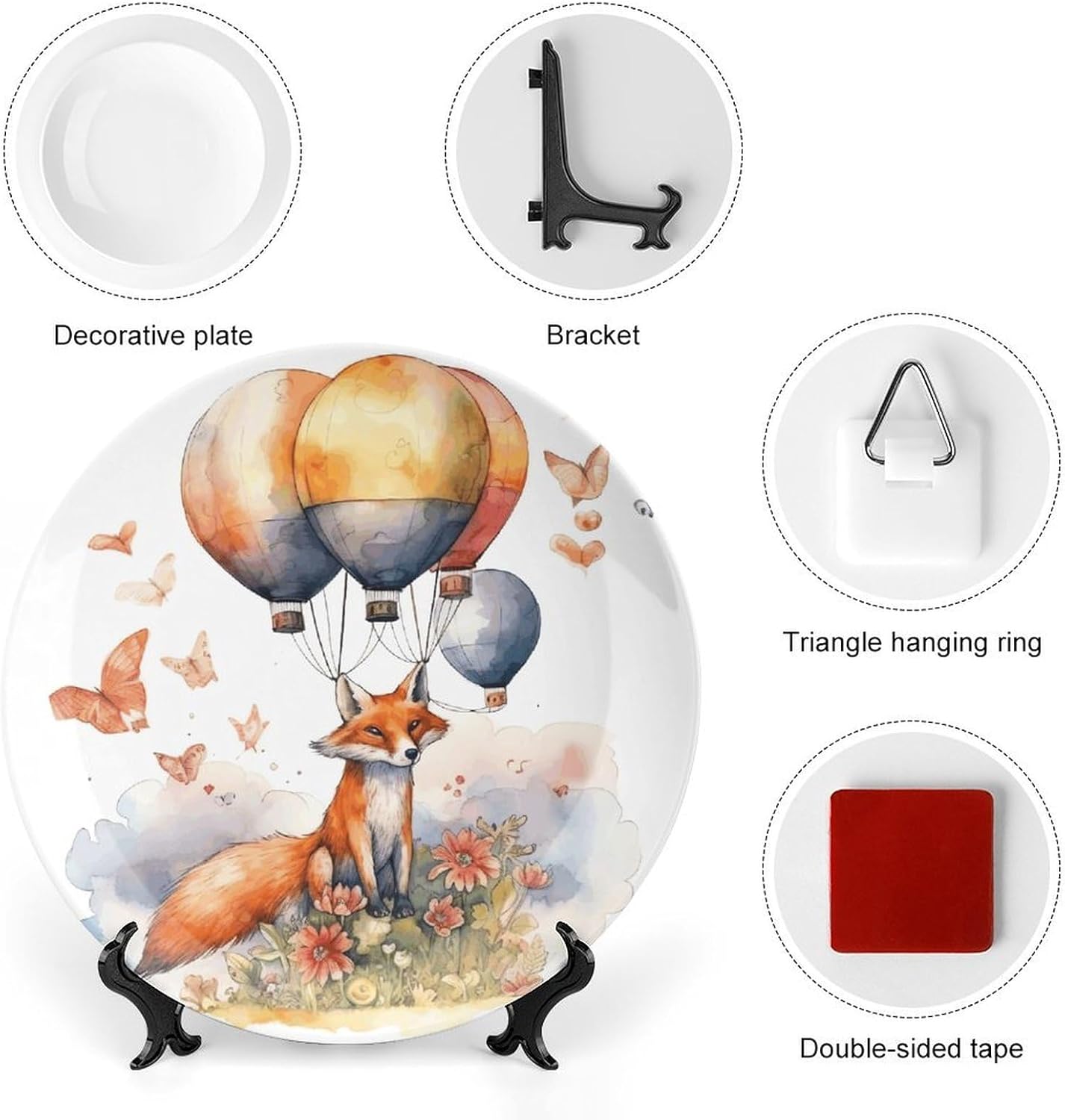 Fox And Hot Air Balloon Decorative Plates for Display Round Porcelain Plate Living Room Table Ceramic Hanging Decorative Plate Art Decor for Living Room Table with 1 Display Stand 10inch