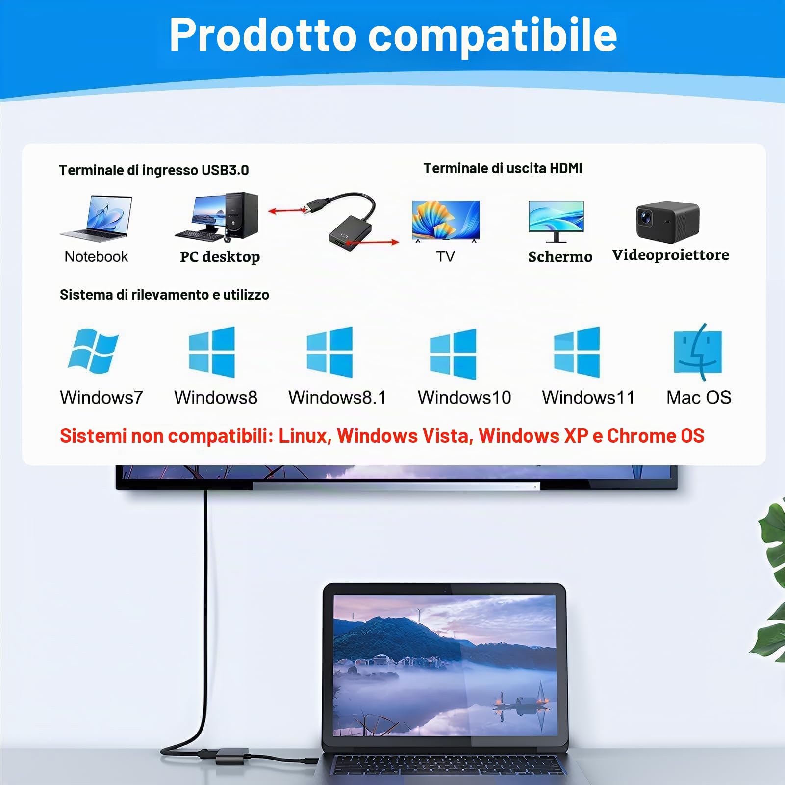 GERUI Adattatore USB a HDMI, USB 3.0/2.0 a HDMI Video Adapter HD 1080P Cavo Grafica Convertitore per PC, Laptop HDTV Compatibile con Windows 10/8/7