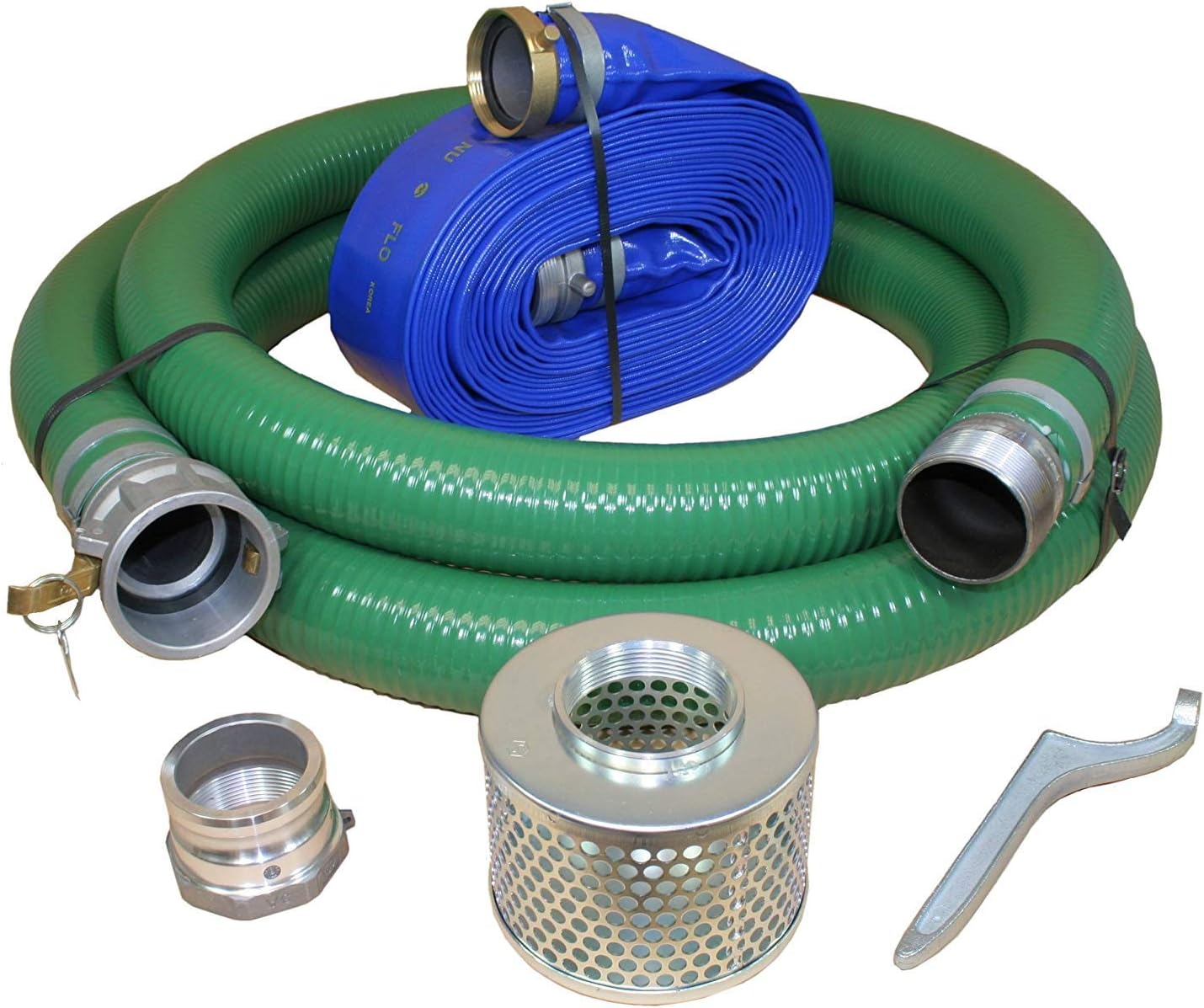 Hose PVC/Aluminum Water/Trash Pump Hose Kit, 4" Green Suction Hose Coupled C x KCN, 4" Blue Discharge Hose Coupled M x F, 70 PSI Max, 50' Length, 4" ID