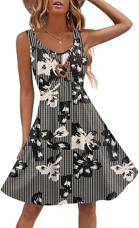 SAUKOLE Womens Summer Dresses Casual Sleeveless Heart Cutout Swing Dress Trendy High Waist Scoop Neck Sundress