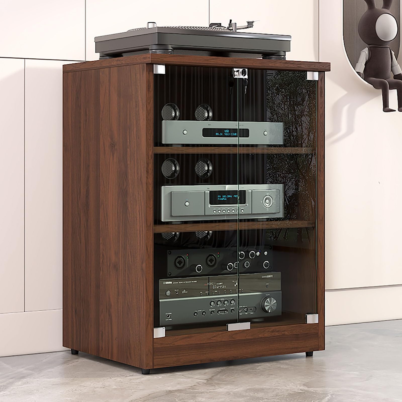 WiFi Router Storage, Audio Video Media Stand, Media Cabinet AV Stand Stereo Cabinet with Adjustable Shelves Tempered Glass Doors and Cable Management(Walnut,80cm31.5in)