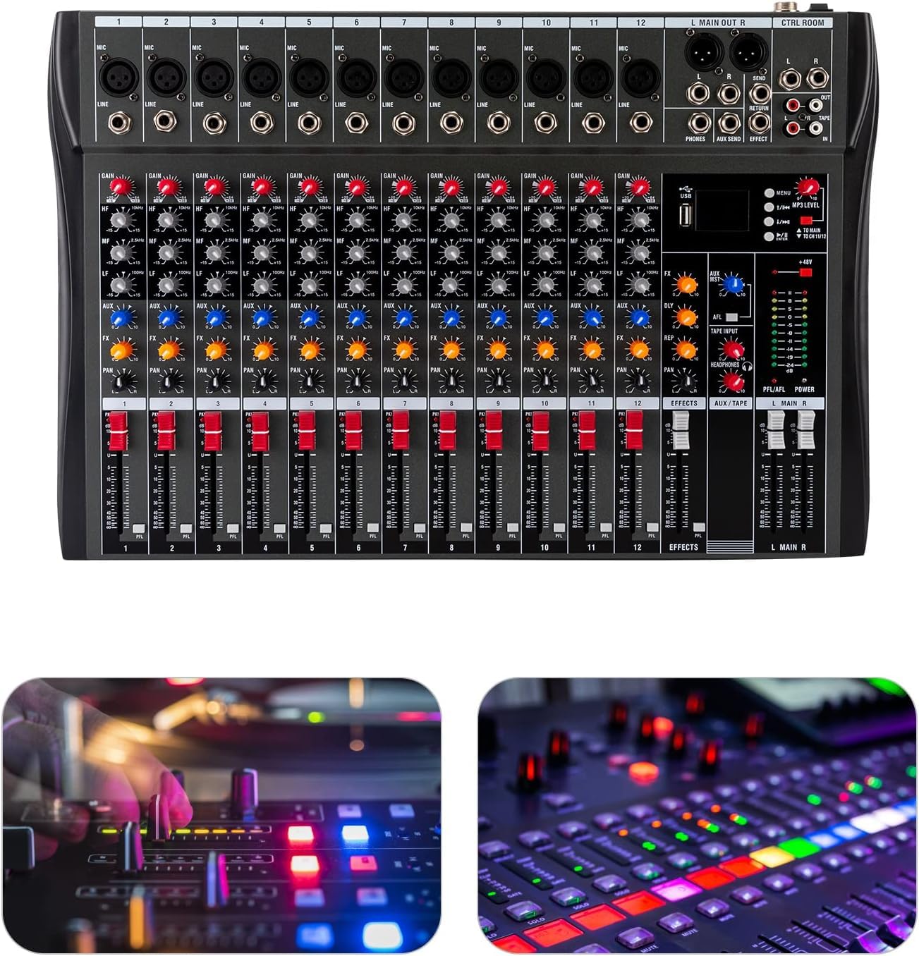 Console audio a 12 canali, amplificatore per studio Mixe Live Mixer Bluetooth USB, per registrazione DJ Stage Karaoke Bar Live Streaming