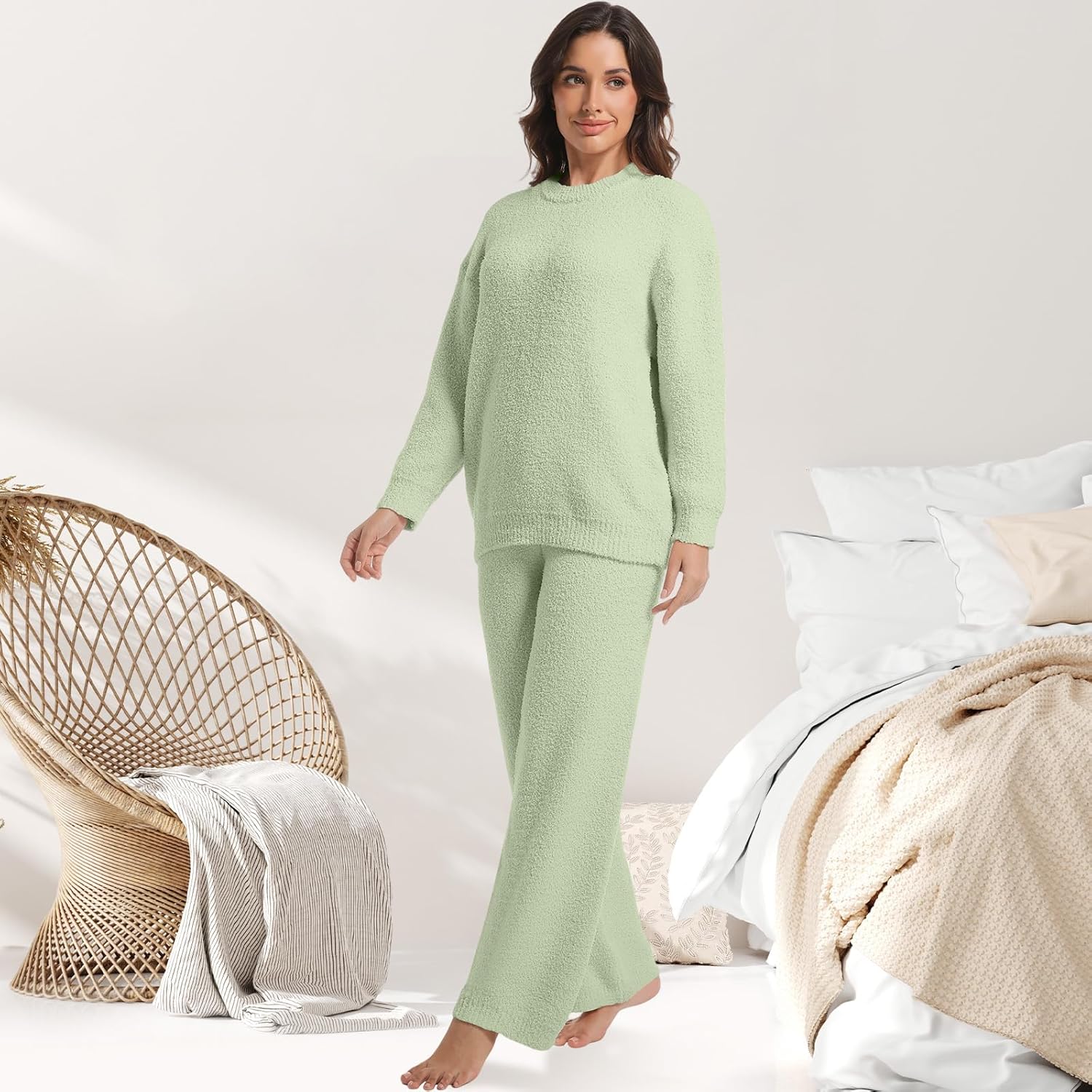 2 Piece Fleece Pajamas for Women Set Loungewear Outfits Knit Sweater Womens Long Sleeve Fuzzy Pajama Sets - Image 3