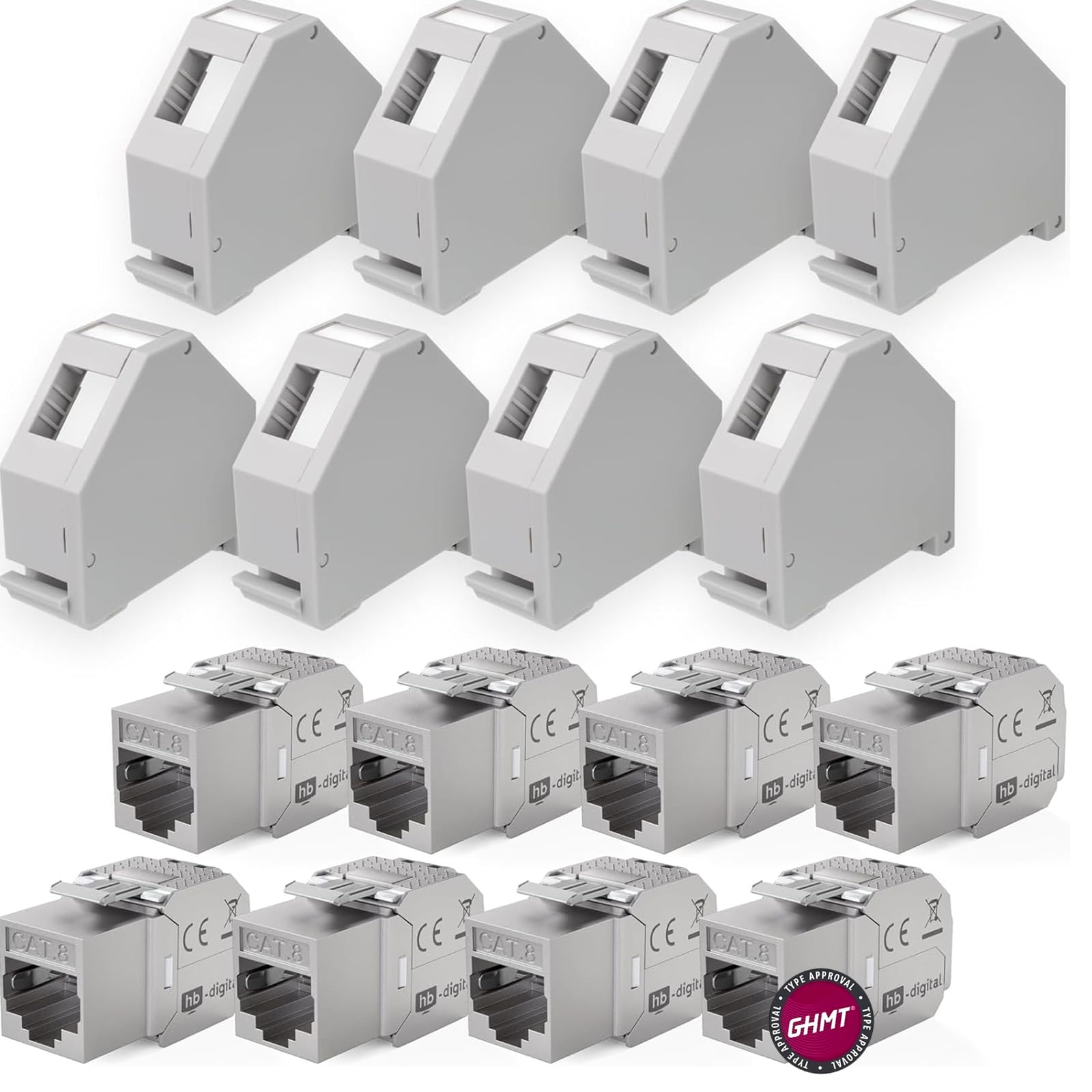 hb-digital Zestaw: 8X Cat.8.1 Keystone Moduł RJ45 + 8X adapter szyny montażowej uchwyt Keystone do szyny montażowej 35 mm standard | RJ35-Jack ekranowany montaż bez użycia narzędzi Ethernet LAN sieć STP LSA