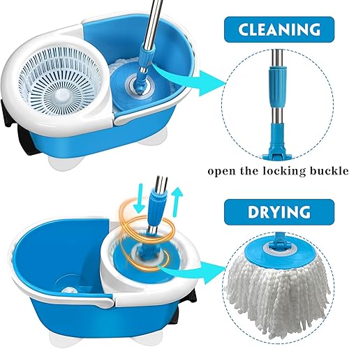 Miniatura 5 de Trapeador giratorio de microfibra y cubo con juego de escurridor, cubo giratorio para limpieza de suelos + 3 recambios adicionales, mango extendido