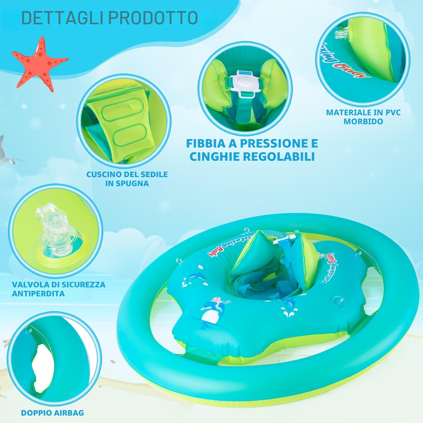 Thedttoy Salvagente Bambini con Parasole UPF50+ & Seggiolino di Sicurezza, Doppio Airbag Piscina Salvagente per Bambini Ragazzi 1-3 anni Gonfiabile Anello Salvagente Ciambella Neonato 6-36 Mesi(Blu)