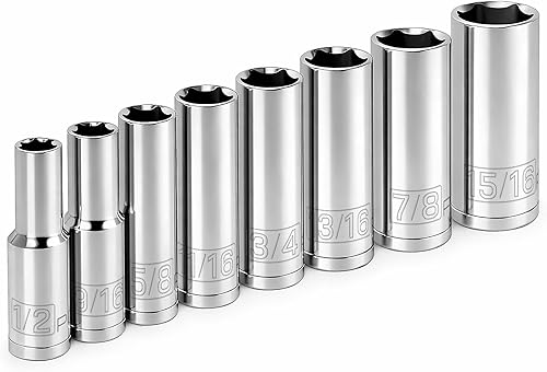 Powerbuilt Juego de llaves de vaso de pozo profundo SAE de 8 piezas de 1/2 pulgada a 15/16 pulgadas.