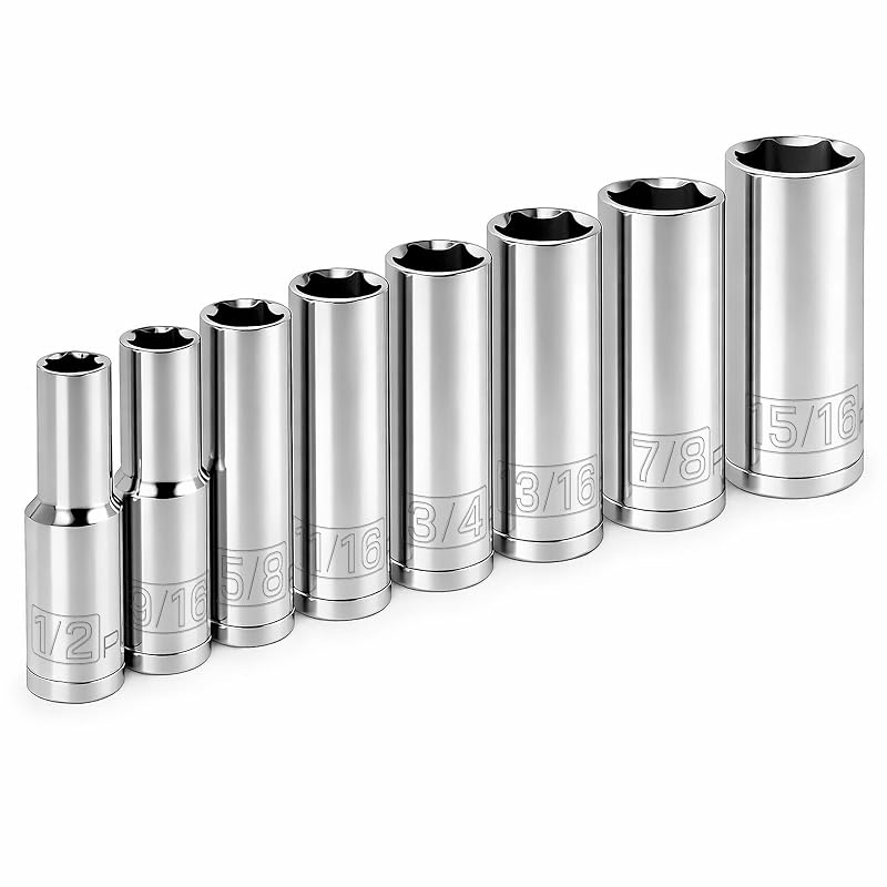 Jogo de Soquetes Profundos SAE Powerbuilt com 8 Peças, Encaixe de 12,7 mm (1/2 pol.), 6 Pontos, de 12,7 a 23,8 mm, Z-Drive, Aço Cromo-Vanádio – 640056