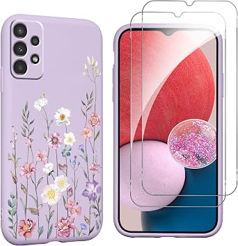 Flower Phone Case for Samsung Galaxy A13 4G 6,6 with 2X Tempered Glass Screen Protectors, Floral Liquid Silicone Phone Cover Anti-Scratch Soft Protection Funda for Girls Women, Purple 03