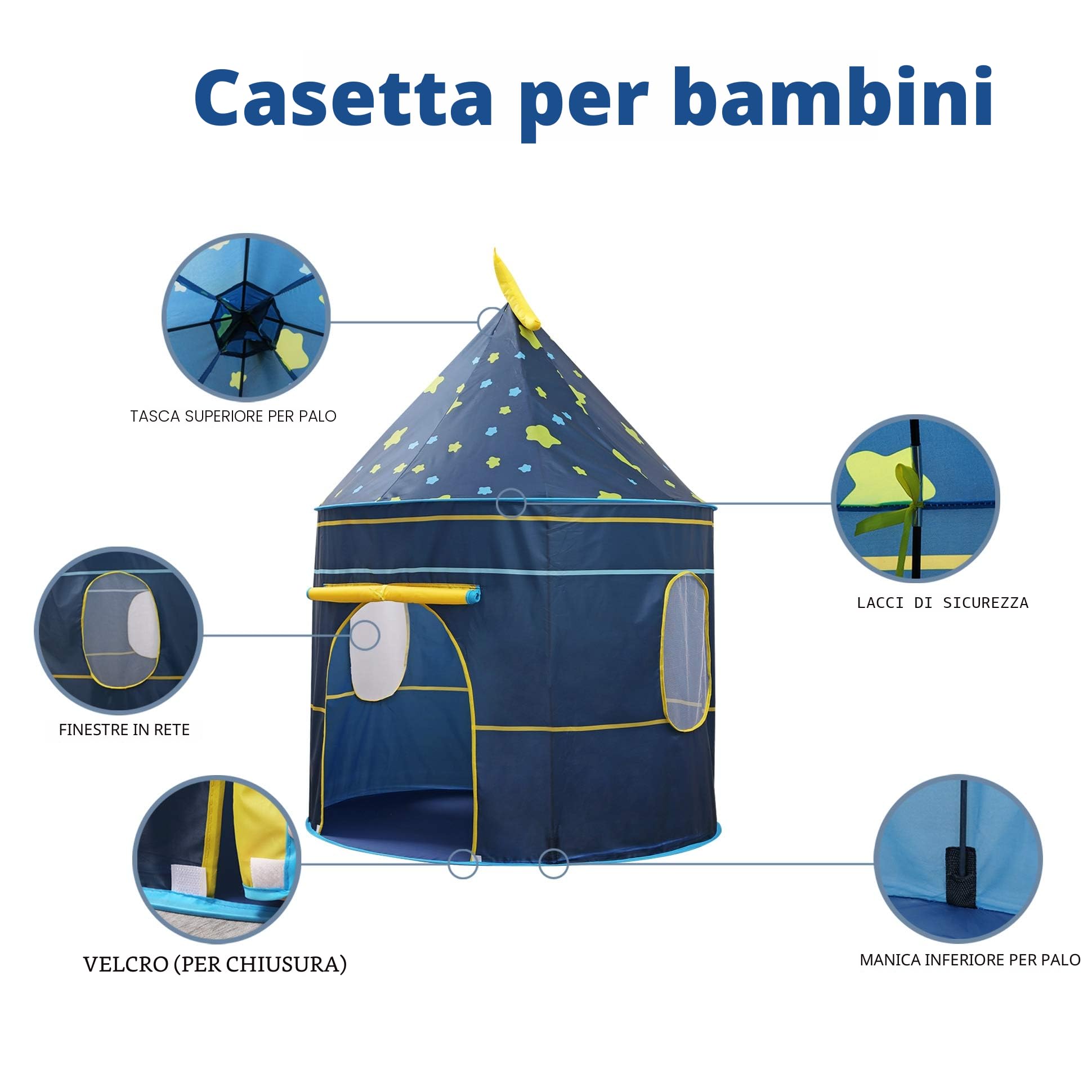 Tenda per Bambini Casetta da Giardino per Bambini,casa dei Giochi Po-up, Incluso luci a stella,Certificato EN71, Toy Tenda per ragazzi e ragazze,Regalo per Bambini(Moon Blue)
