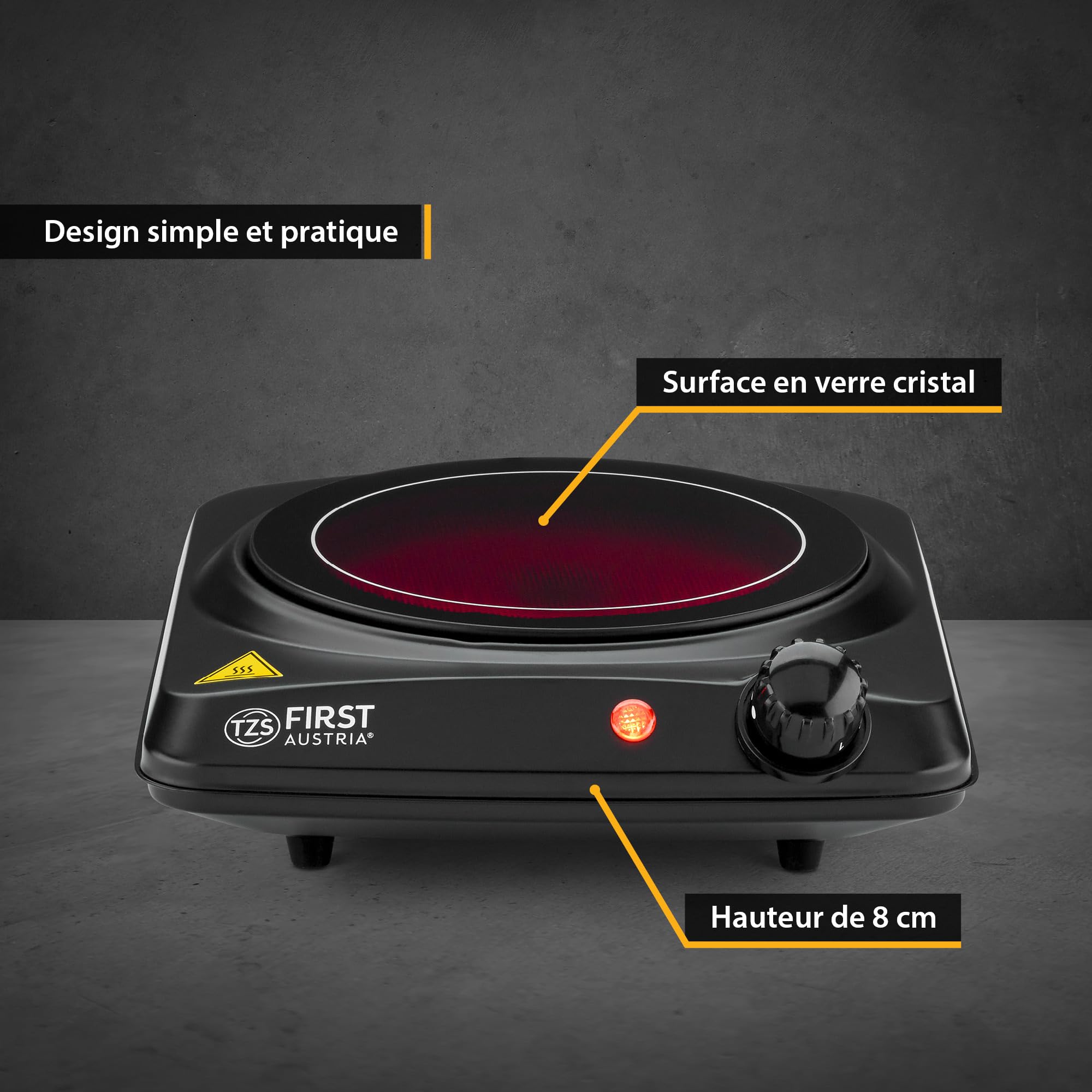 TZS First Austria - Plaque infrarouge 1200W - Ø 175 mm - Réchaud portable avec protection antisurchauffe & thermostat réglable - Plaque vitrocéramique pour tous types de casseroles