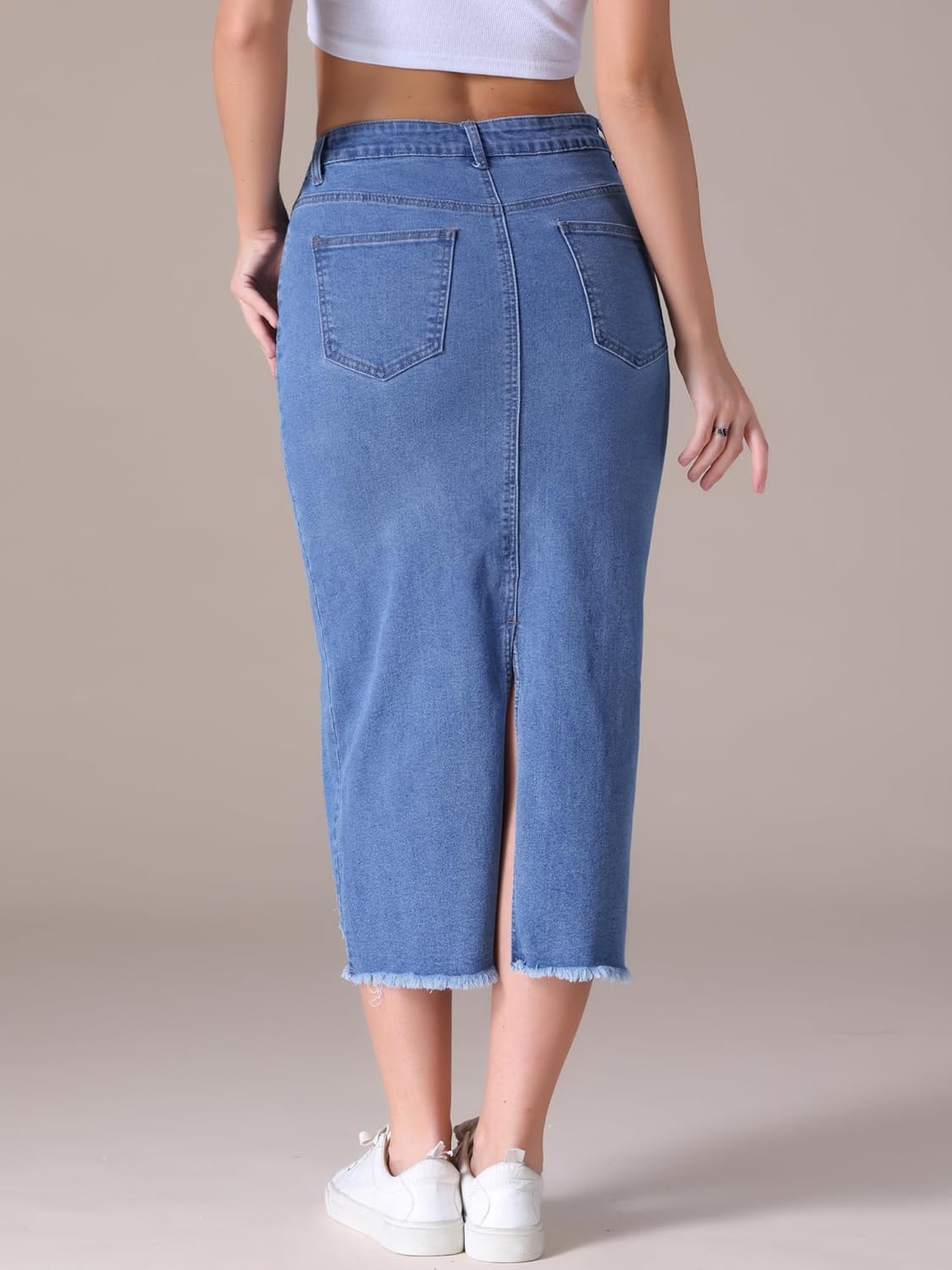 Women's Long Denim Skirt Mid Waisted Stretch Ripped Raw Hem Split Casual Pencil Midi Jean Skirts - Image 4