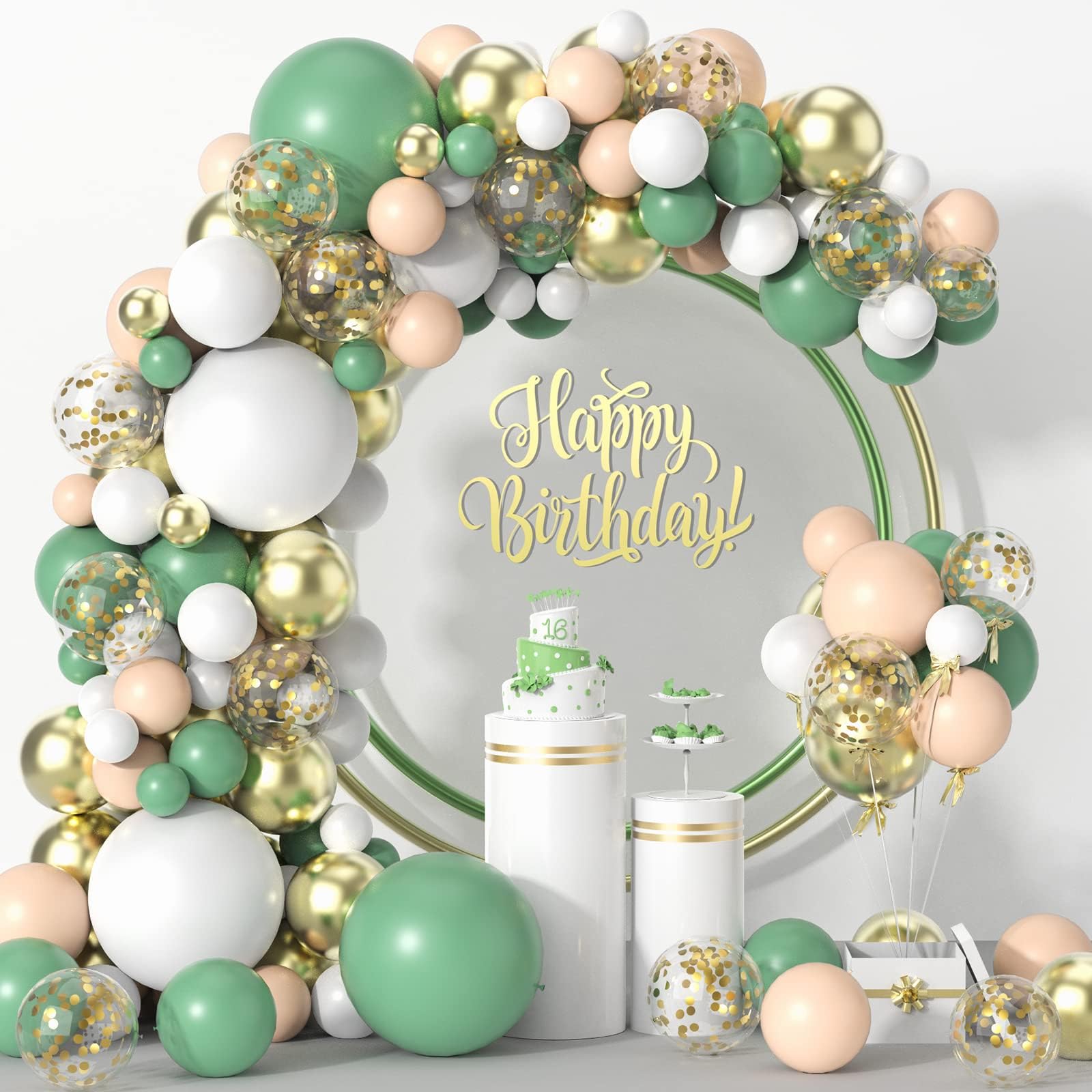 Sage Green Gold Balloons Garland Arch Kit,114pcs Sage Green Gold Confetti White Balloons for Baby Shower Wild One Birthday Bridal Shower Wedding Woodland Party Decorations