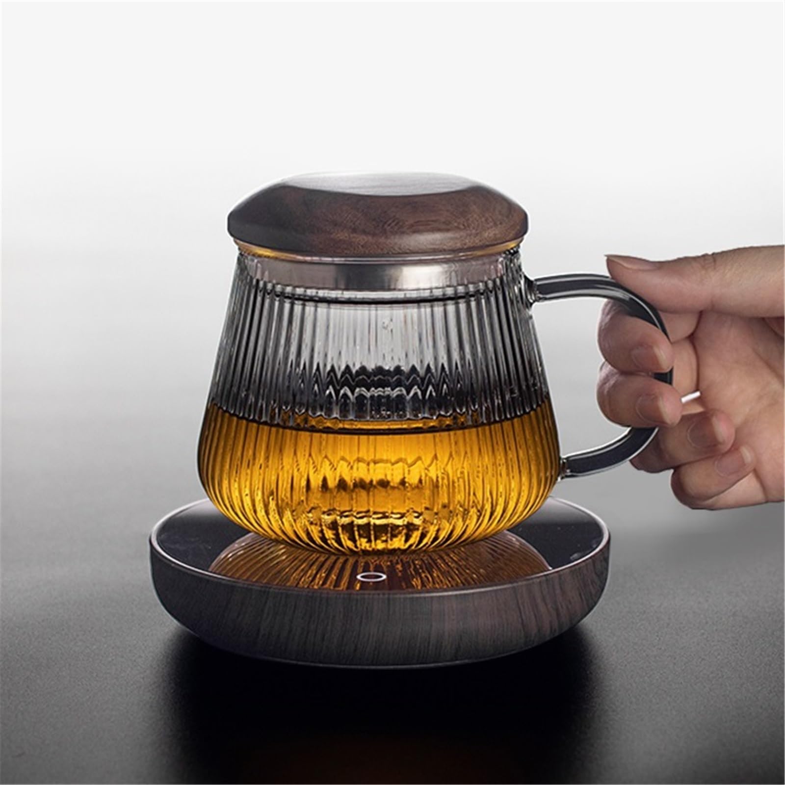 Leche Taza de té vidrio con rayas verticales, infusor y tapa. Tazas transparente for preparar hojas sueltas Bebidas(Grande)