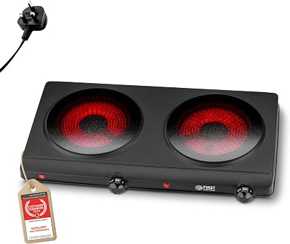 TZS First Austria - Infrared Hot Plate Double Glass Ceramic Stove Plate ALL Pot Types 2500W - Portable Hob Electric Cooktop for Camping, Dorm & Apartment - Stepless Adjustment & Indicator Light