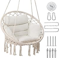 KROFEM Macrame Hammock Swinging Chair with Cushion - Beige Steel Frame for Bedroom, Porch, Balcony Relaxation