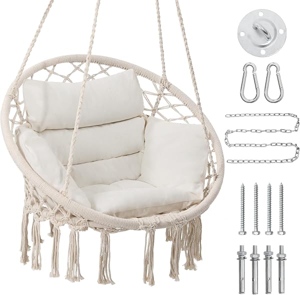 KROFEM Hammock Chair Swing Chair with Boho Medium Cushion, Macrame Hanging Chair for Bedroom, Indoor, Outdoor, Balcony, 