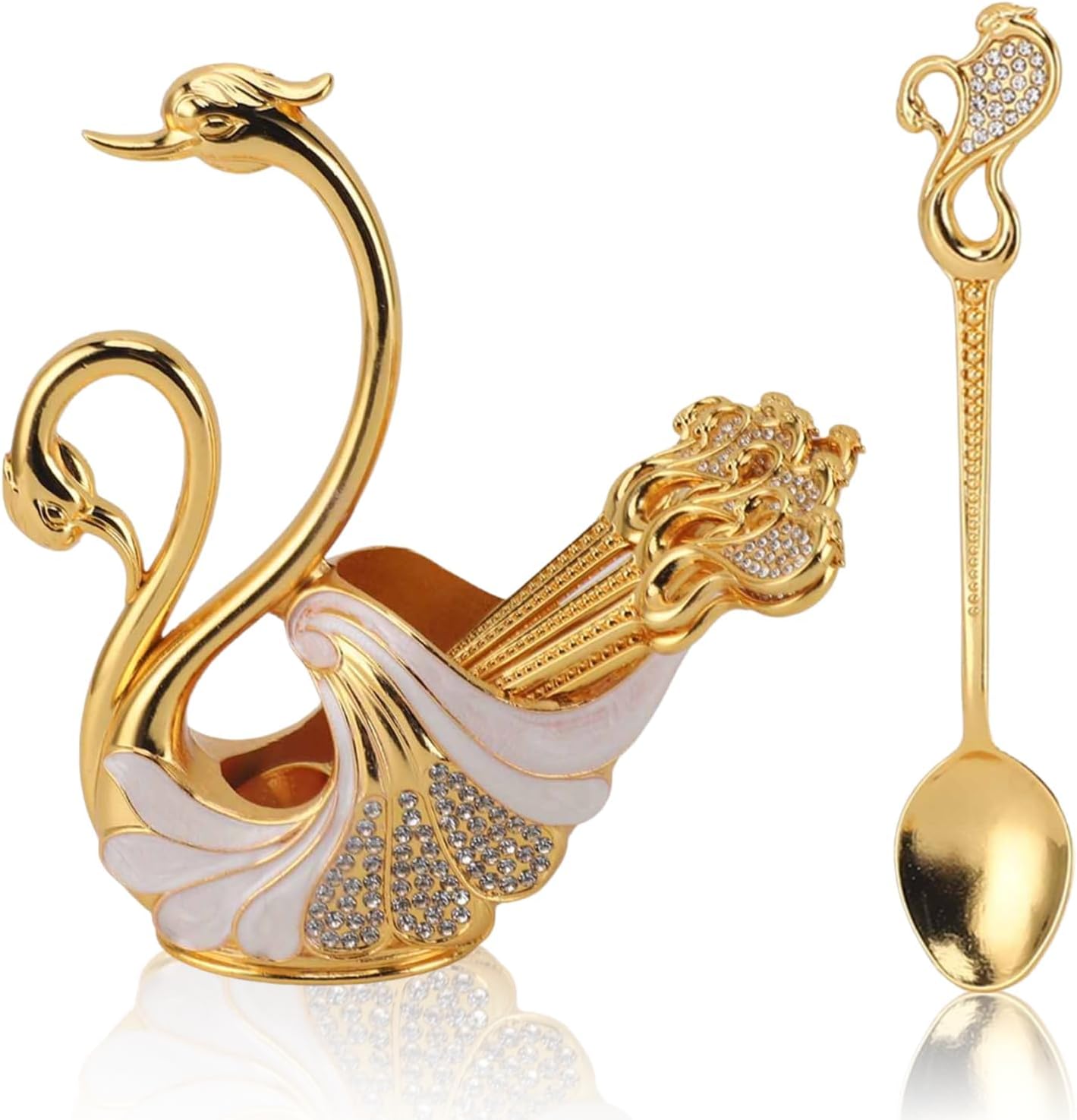 Gold Swan Coffee Spoons with Holder for Coffee Bar, Swan Coffee Spoon Holder Set Metal Decorative Swan Base Holder Spoon Organizer with 6PCS Spoons Flatware Set for Coffee Fruit Dessert Ice Cream Cake