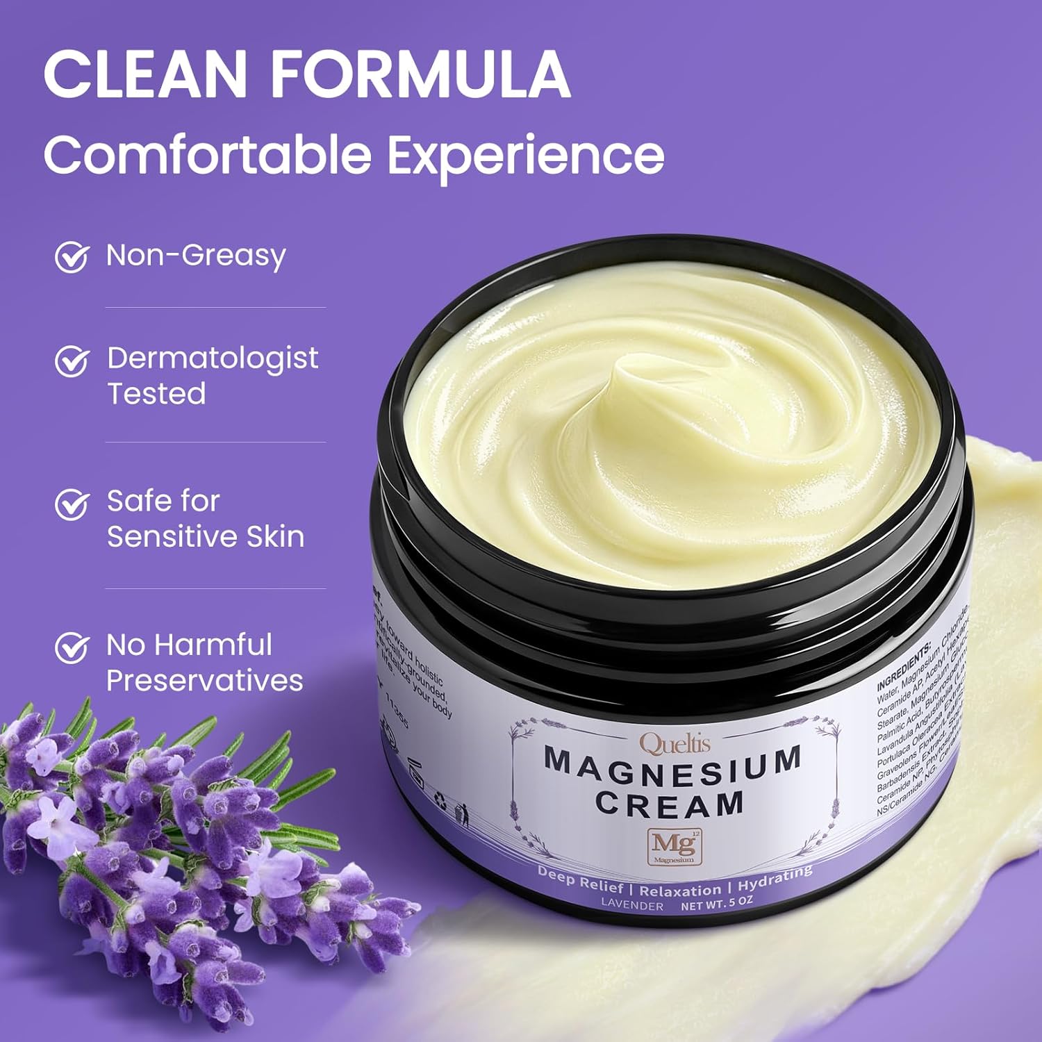 Magnesium Cream, Magnesium Lotion for Sleep, Pain & Leg Cramps, Topical Magnesium Chloride Cream for Muscle Relaxation, Calming, Moisturizing - Skin-Friendly & Safe for Kids | 5OZ (Lavender) - Image 4