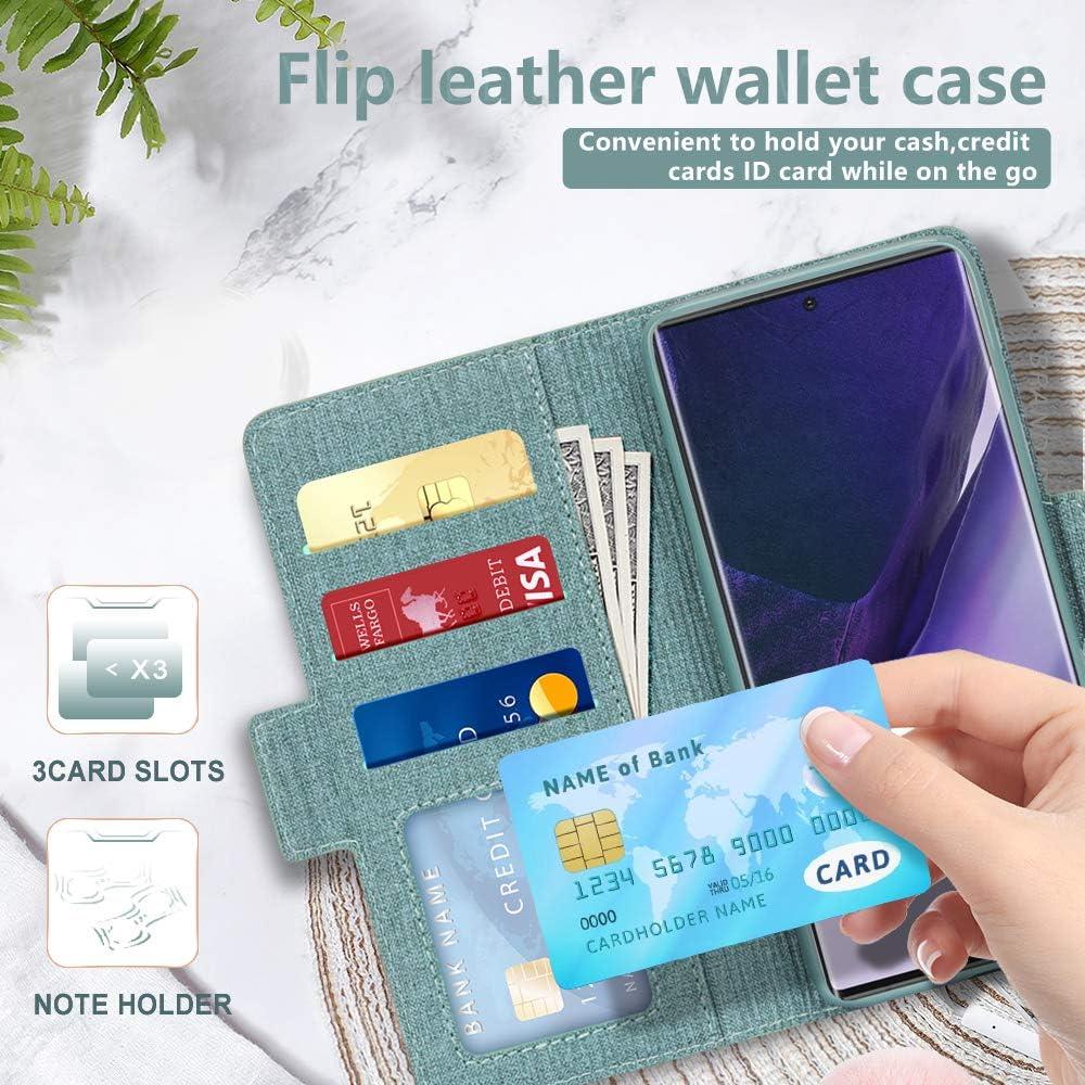 FYY Wallet Case for Samsung Galaxy Note 20 Ultra 6.9", [Kickstand Feature] Luxury PU Leather Wallet Case Flip Folio Cover with [Card Slots] and [Note Pockets] Canvas Green