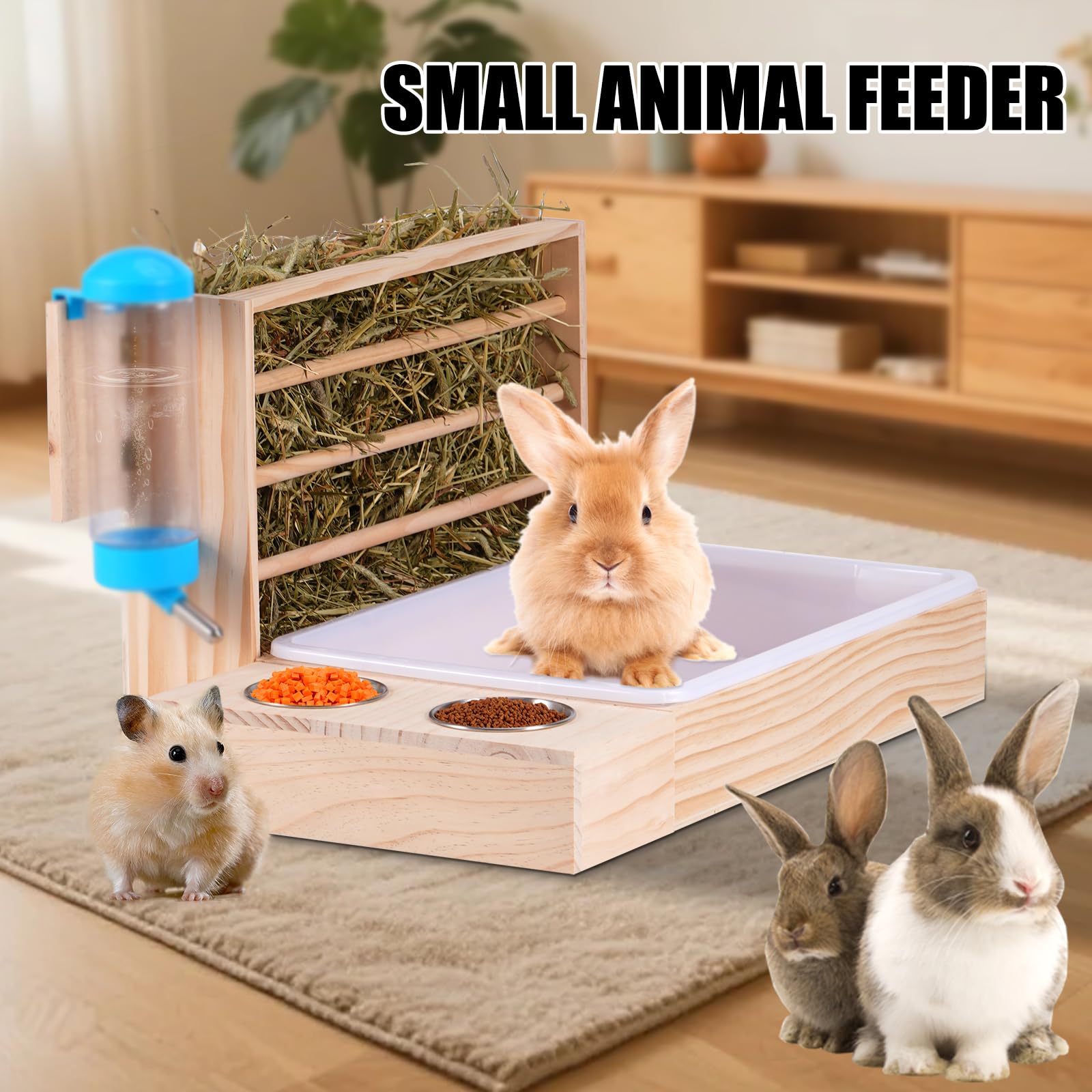 4 in 1 Großer Kaninchen Heu Feeder mit Katzentoilette Holz Futterautomat aus Holz mit 2 Näpfen Hase Toilette für Kaninchen Meerschweinchen Chinchilla Hase Andere Kleintiere