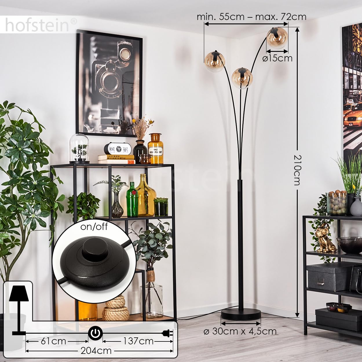 Gastor Floor Lamp, Floor Lamp Made Of Metal/Glass In Black/Amber/Clear, Luminaire In Modern Retro/Vintage Design With Glass Shades ( 15cm) And Foot - View #12