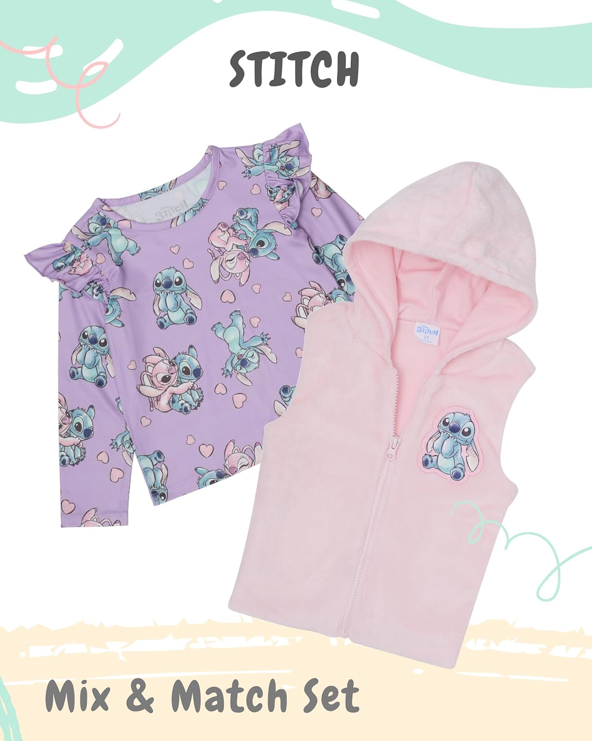 DISNEY Stitch Girls’ 3-Piece Outfit Set with Fuzzy Vest, Long-Sleeve Top, and Jeggings - Image 2