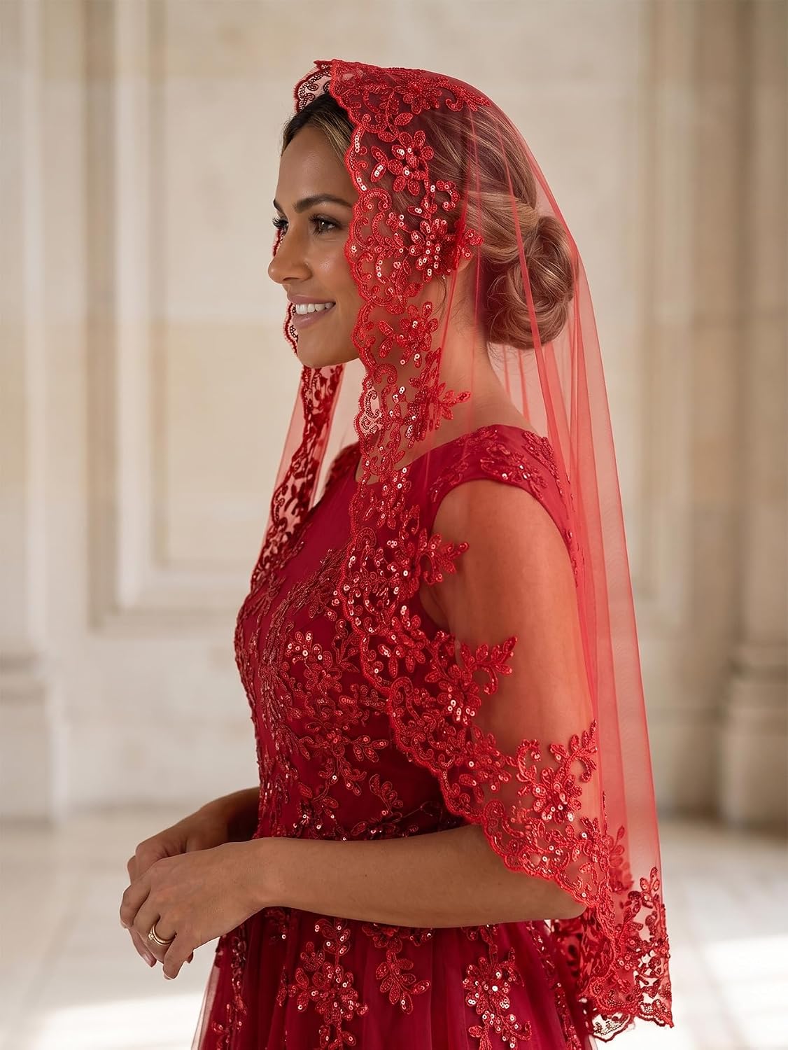 Mantilla Wedding Veil Sequins Lace Fingertip Length Bridal Veil