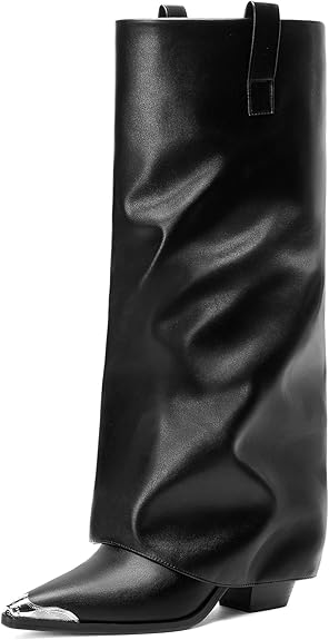 ElegaStep Womens Fold Over Boots Knee High Metal Pointed Toe Chunky Heel Pull On Fall Long Dress Shark Boots