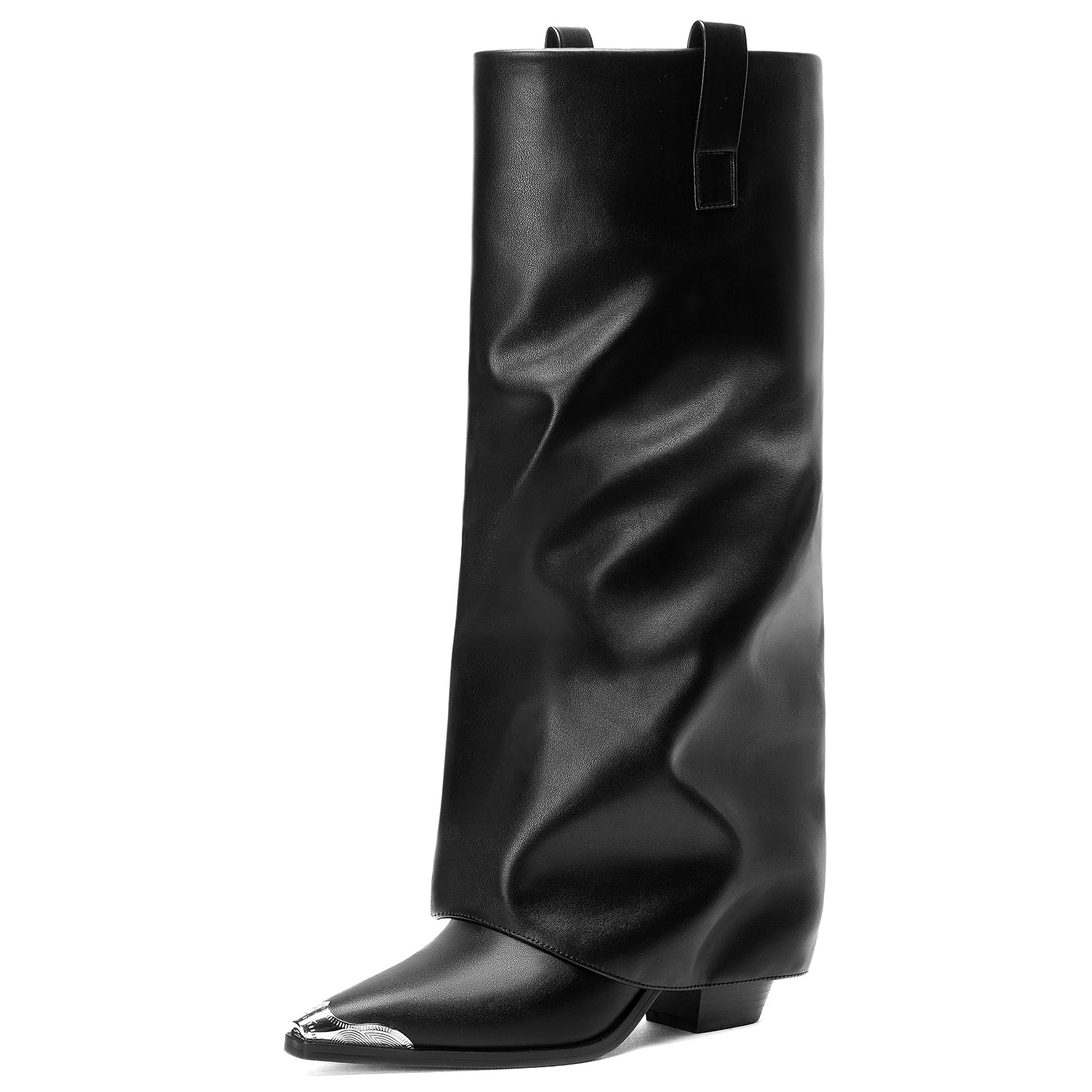 Womens Fold Over Boots Knee High Metal Pointed Toe Chunky Heel Pull On Fall Long Dress Shark Boots