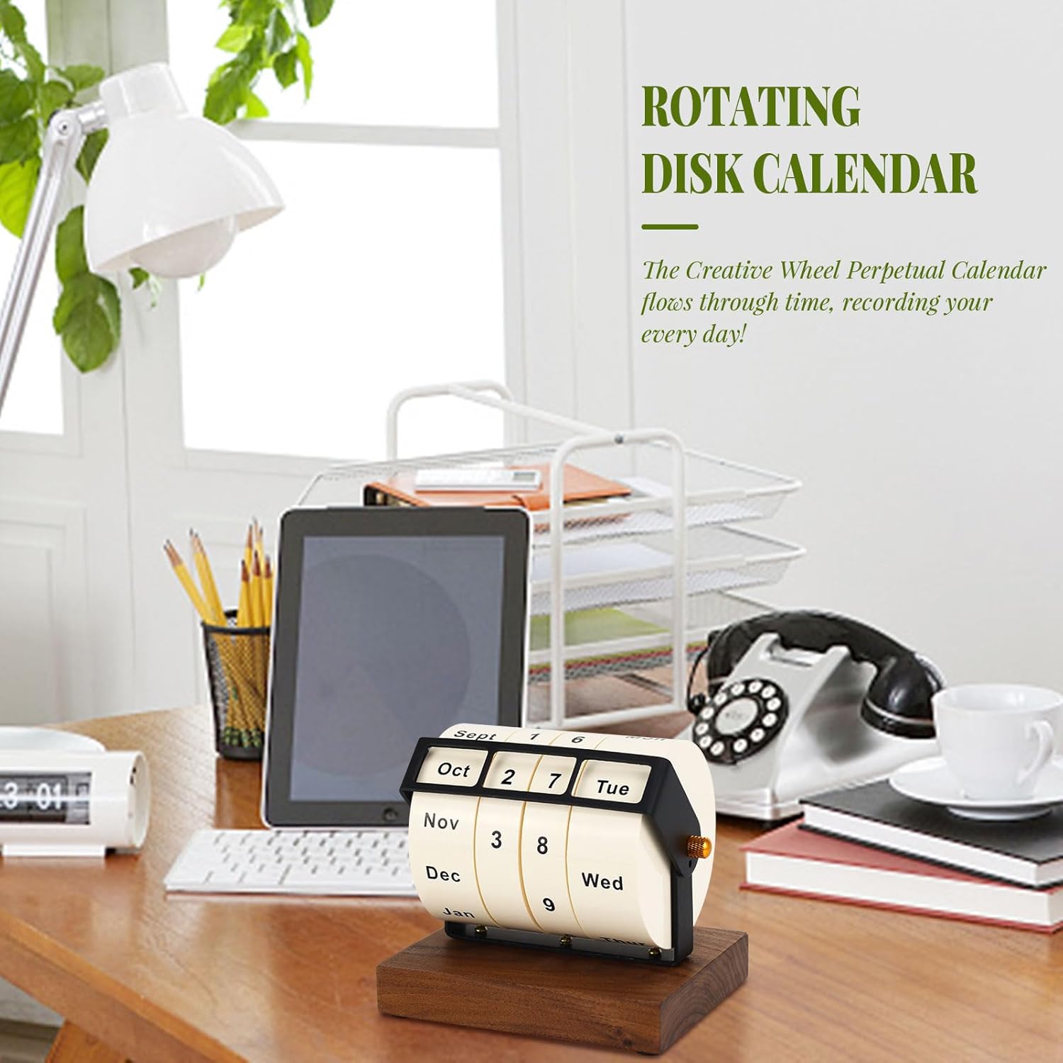Wooden Perpetual Calendar for Office Desk Decor, Rotary Perpetual Desk Calendar, Countdown Desktop Calendar for Office School (Wood)