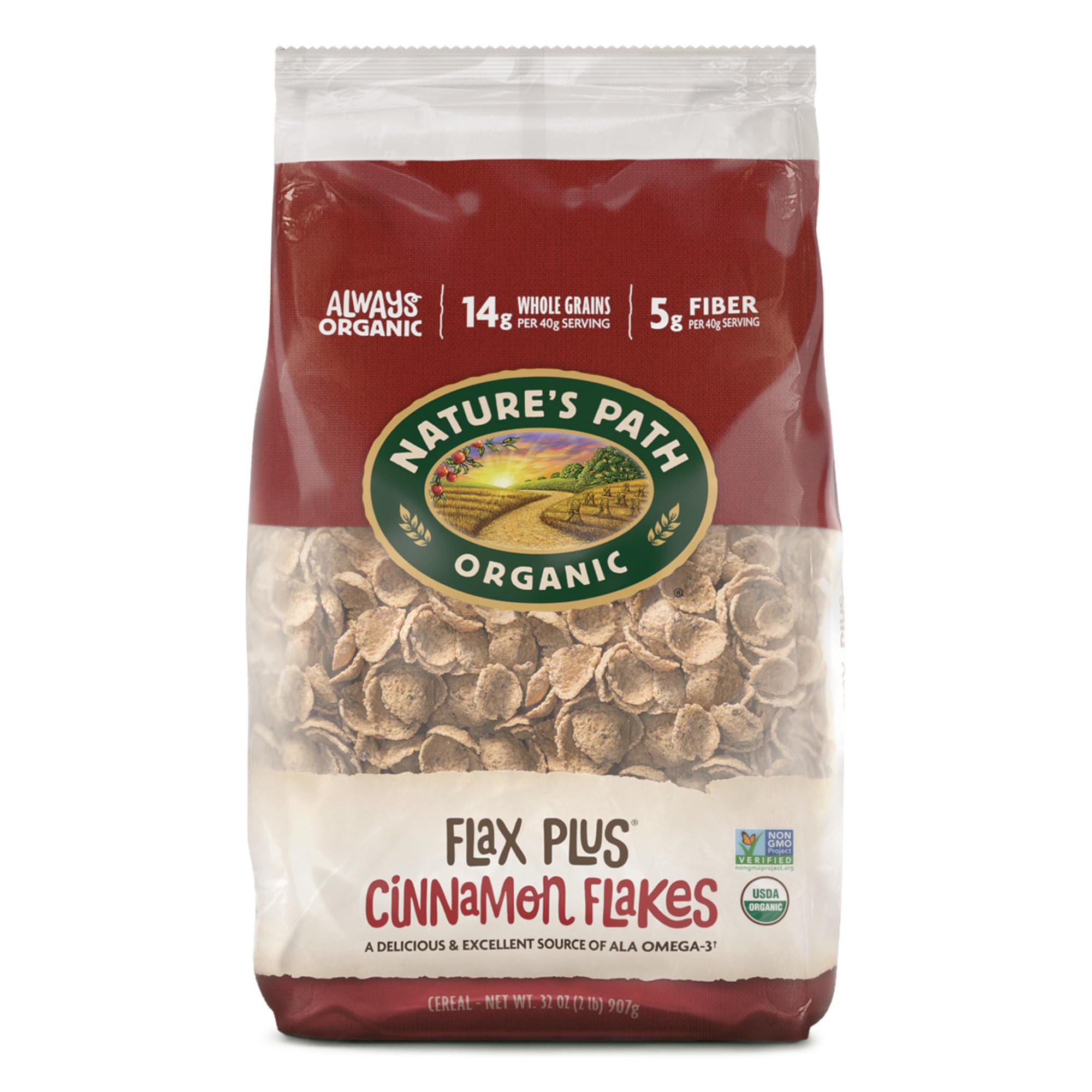Nature's Path Organic Flax Plus Cinnamon Flakes Cereal, 32 oz (Pack of 1), Non-GMO, Earth Friendly Packaging