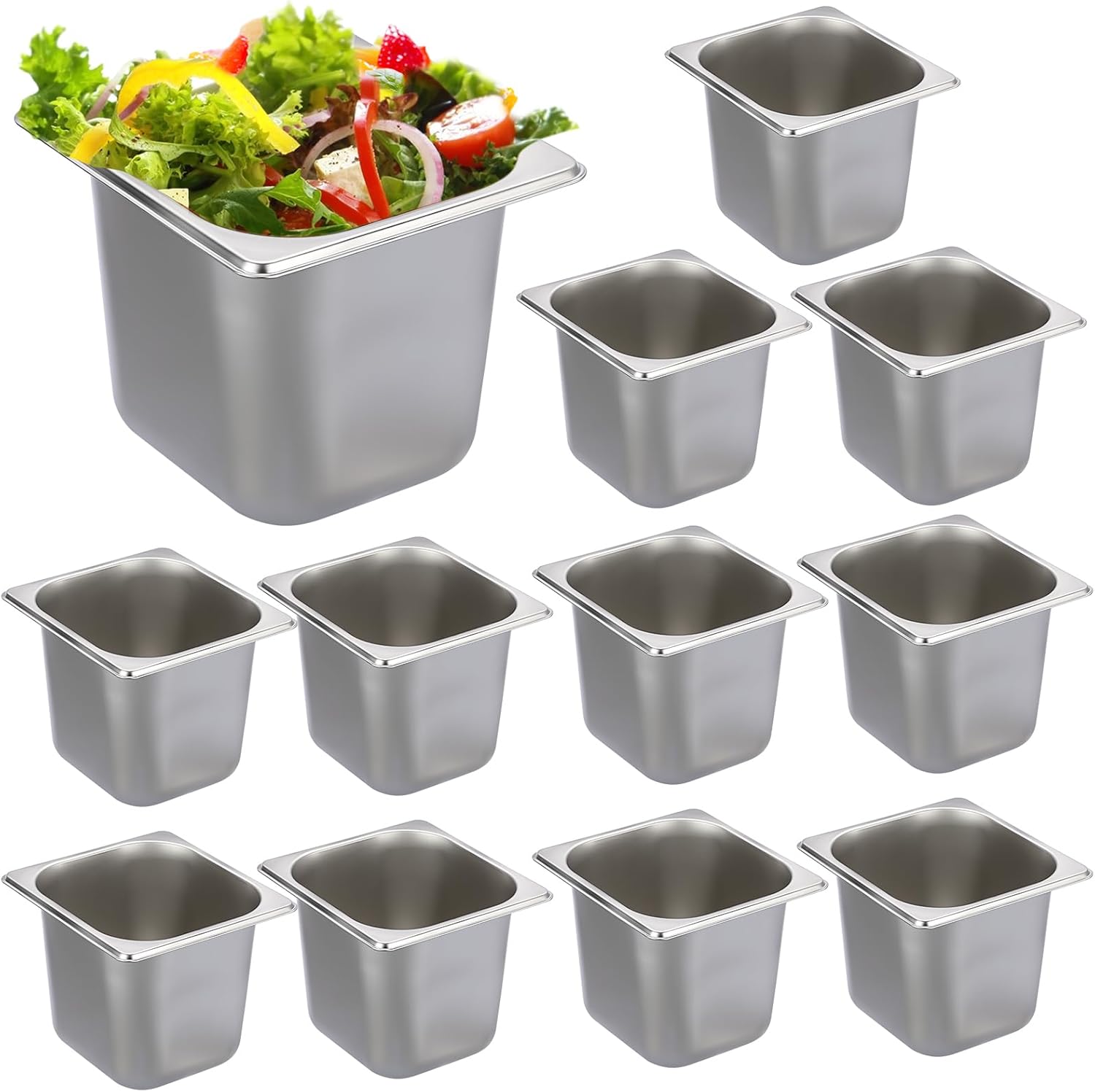 BSTKEY 12 Pack 1/6 Size 6 Inch Deep Hotel Pan, Stainless Steel Steam Table Pans, Stackable Catering Pan Commercial Food Pans for Kitchen Restaurant Buffet Party Supplies