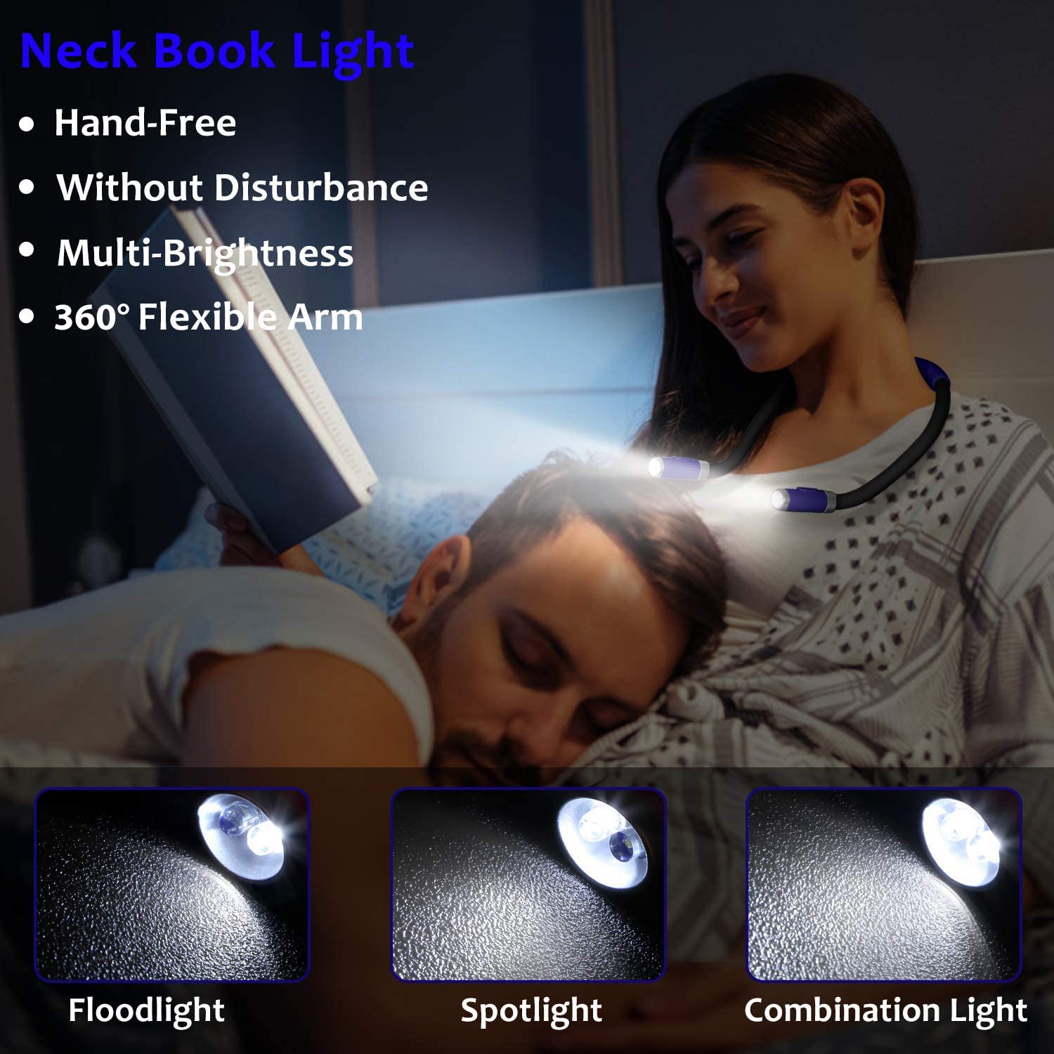 LUXJET Book Light for Reading at Night, Neck Reading Light for Books in Bed, Hands Free, 4 LED Bulbs, 3 Adjustable Brightness, 80-hr Lasting Rechargeable Lamp for Knitting, Camping, Repairing
