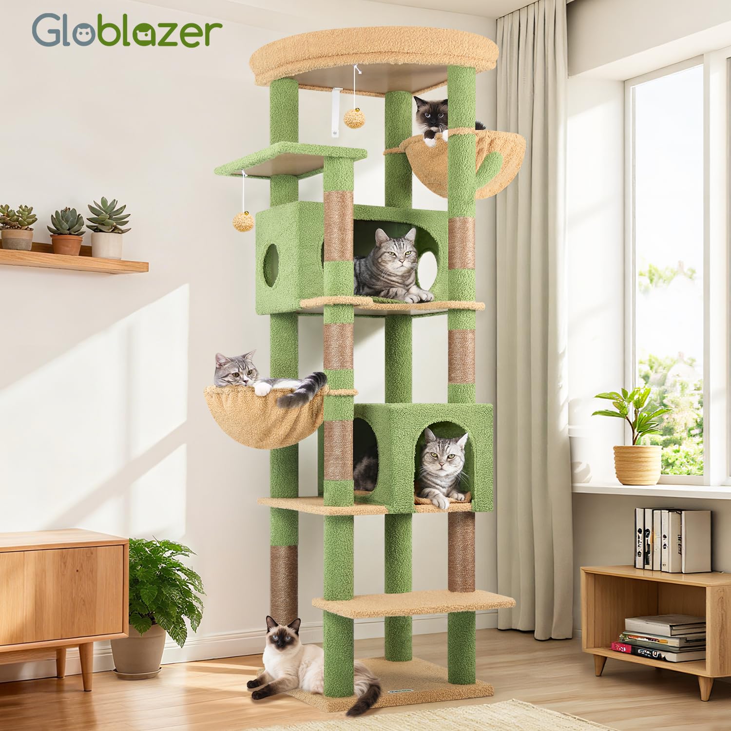 Globlazer Tiragraffi XXL Verde Cactus Grandi 188 cm con 2 Grotta 50*30*30CM, 2 Cesto, Piattaforma Imbottiti, Stabile Albero Tiragraffi per Gatti Adulti Interno Peluche Facile da Pulire (S74, Verde)