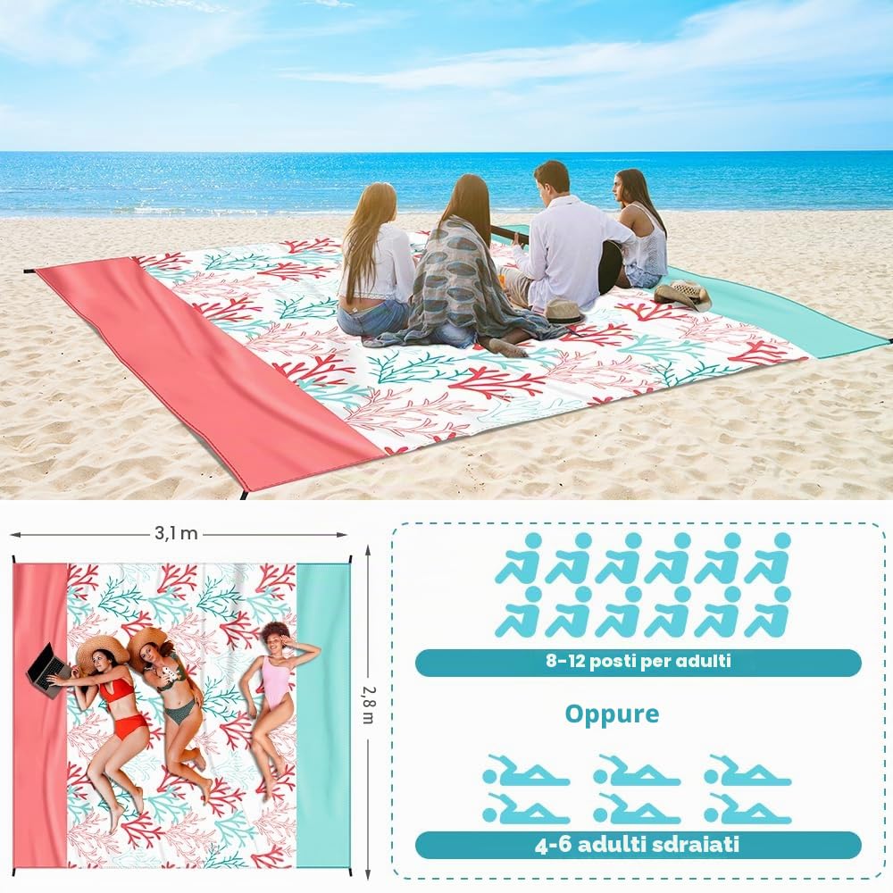 Rescien Coperta da Spiaggia Picnic impermeabile 310x280 cm, Tappetino da Picnic antisabbia per 5-8 adulti, 100% nylon, Tappetino da Spiaggia leggera e compatta perfetta per viaggi, vacanze al mare