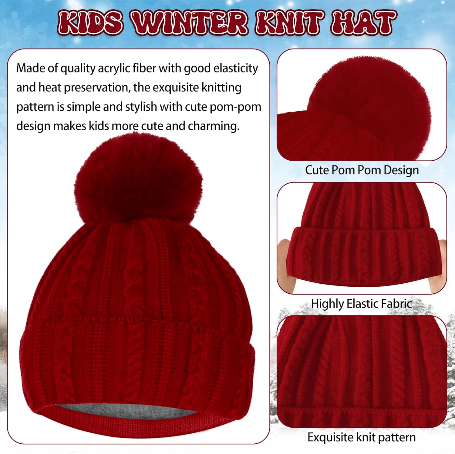 Kids Winter Hat Gloves Scarf Set Winter Knit Beanie Cap with Pompom Scarf Gloves Warm Set for Toddlers Boys Girls Ages 2-8 - Image 5