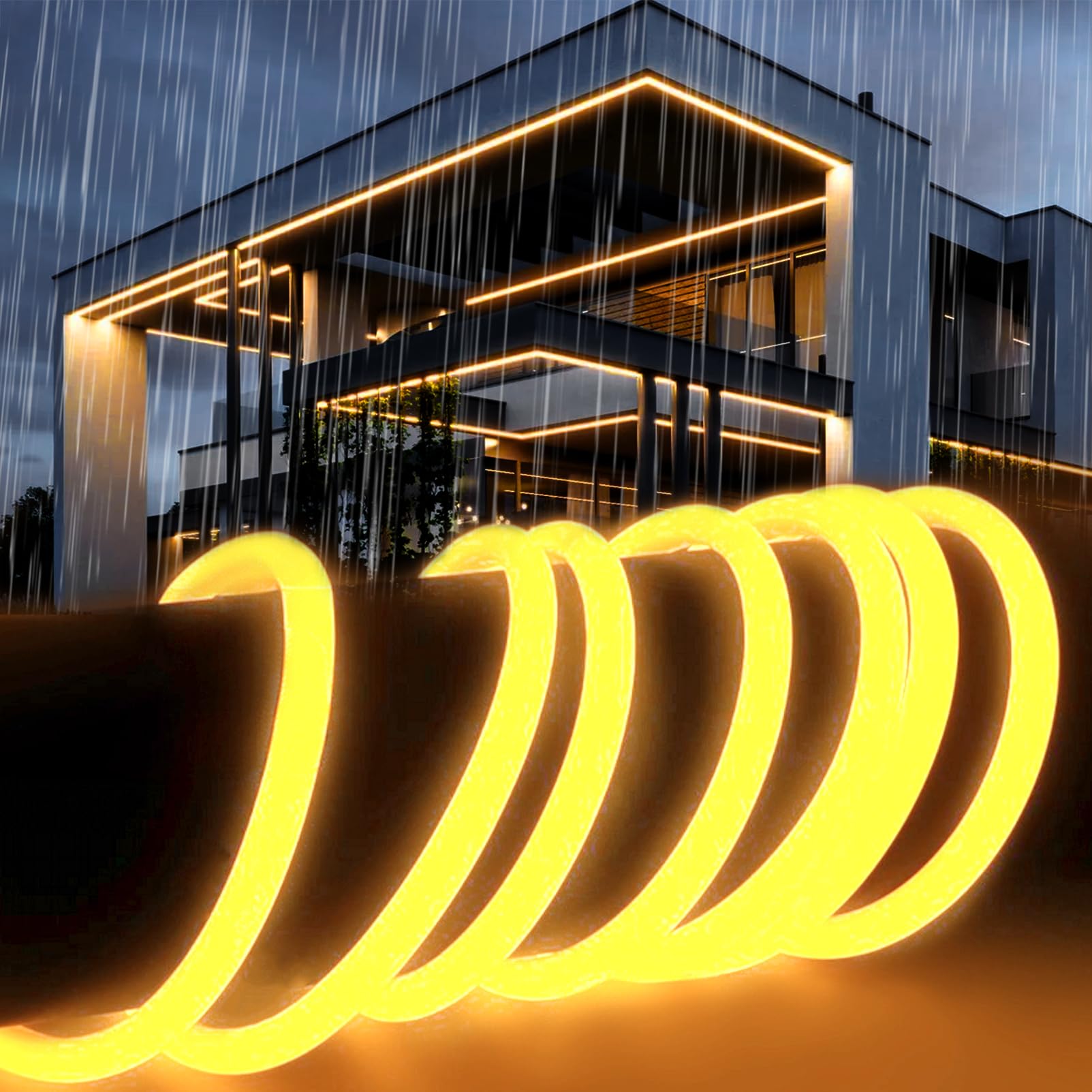 SUCIKORIO 5m Silicone Neon LED Strip Light for Bedroom, Waterproof Fireproof IP65 Round Led Strip Lights Warm White 3000K 220V Cuttable Flexible Neon LED Rope Lights Outdoor with Power Supply