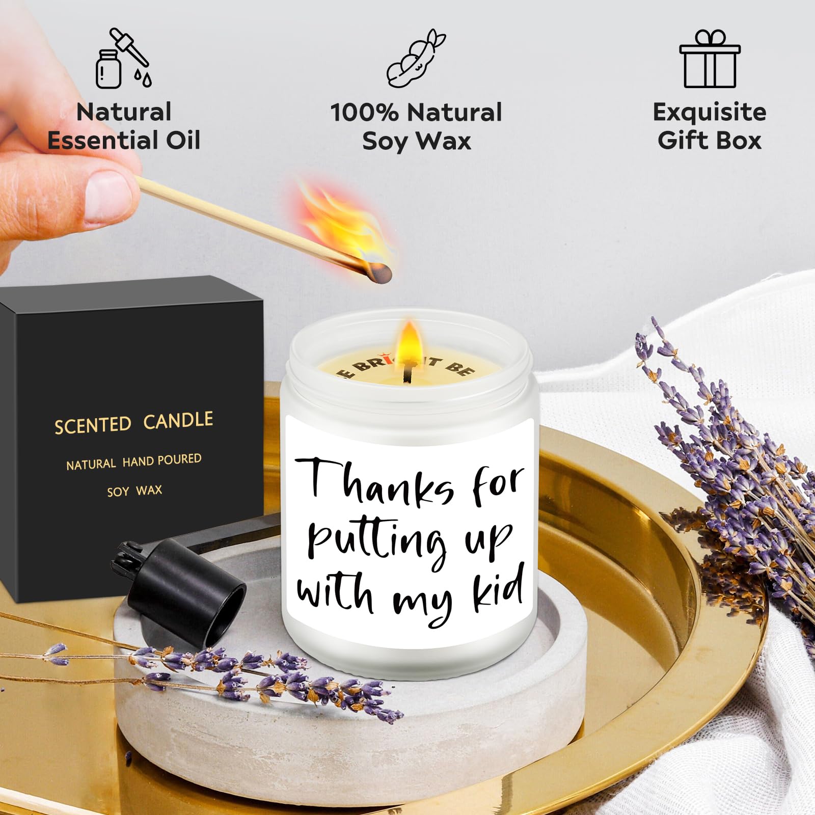 Thanks for Putting Up with My Kid, Gift for Daycare Teacher, Preschool Teacher, Babysitter, Coach, Friend, Mom, Dad, Grandma, Family Appreciation Gift, Thank Your Present, Lavender Scented Soy Candle