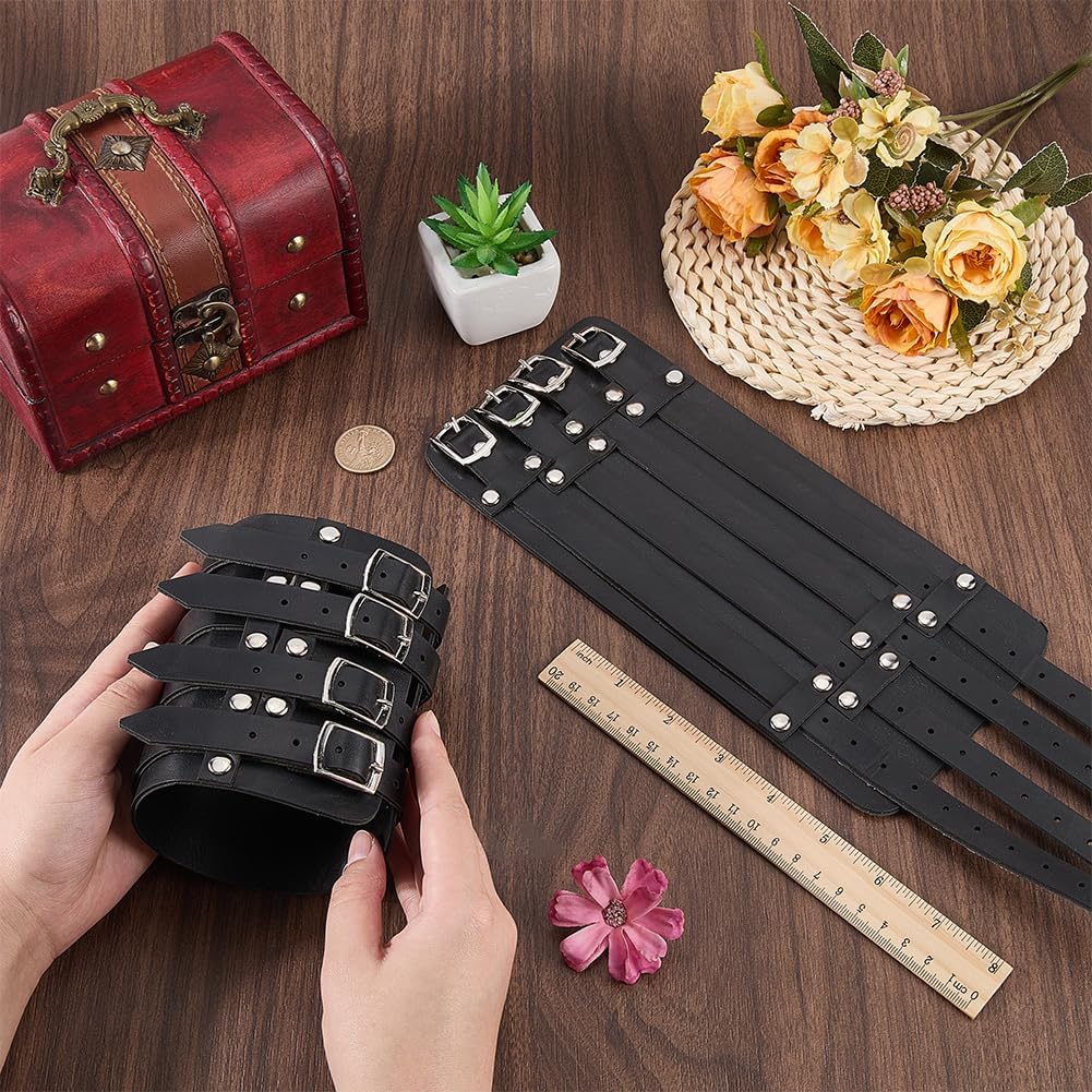 2Pcs Wide Cuff Wristband Brown PU Leather Punk Viking Adjustable Triple Gauntlet Strap Rivet Braid Wrap Bangle Bracelet with Alloy Buckles for Cosplay Halloween Party Accessories Men Women