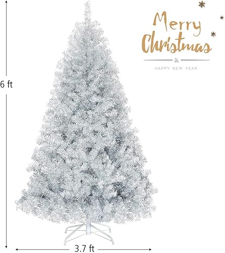 Miniatura 5 de GOFLAME Árbol de Navidad artificial de 6 pies con bisagras con 1036 puntas de rama, árbol de Navidad de oropel plateado con soporte de metal,