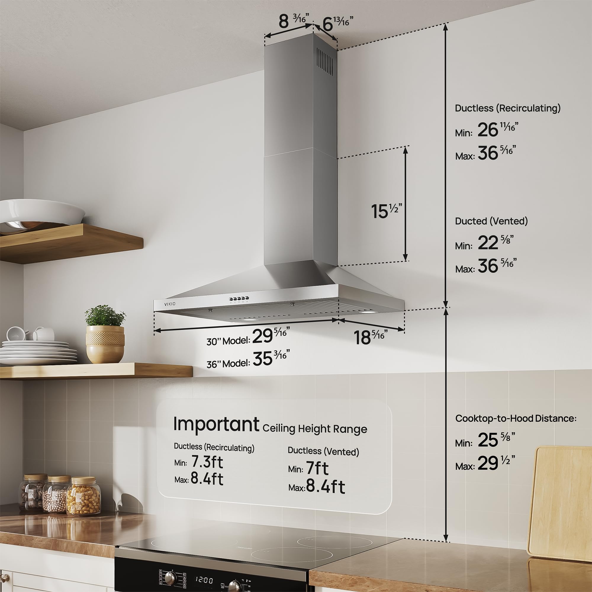 VIKIO HOME Wall Mount Range Hood 30 inch, 600 CFM Kitchen Vent Hood, Ducted or Ductless, with Charcoal Filters, Stainless Steel Baffle Filters & Dual LED Lights - 2