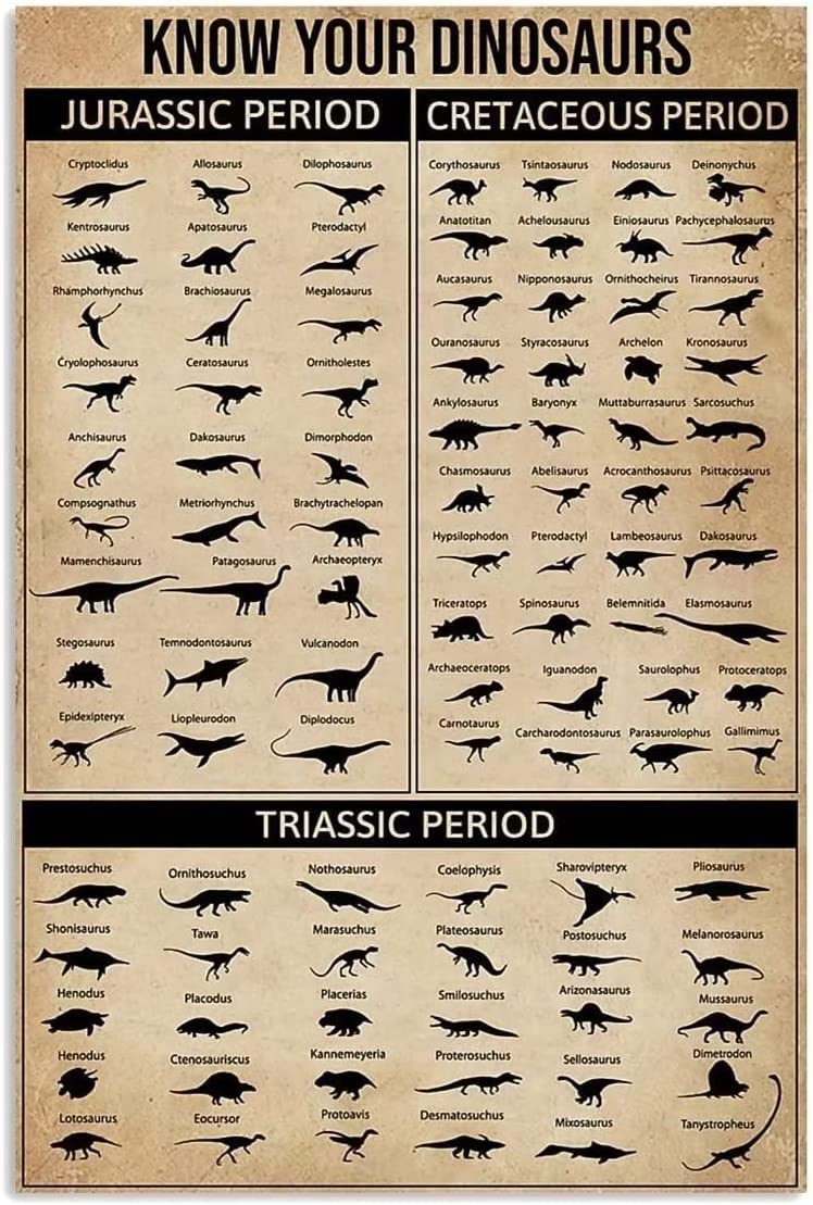 Fjqwklf Know Your Dinosaurs Knowledge Dinosaur Metal Tin Signs Know Your Dinosaurs Dinosaur Name Category Identification Chart Poster Kids Room Living Room Bedroom Home Wall Decor 12X16 Inch