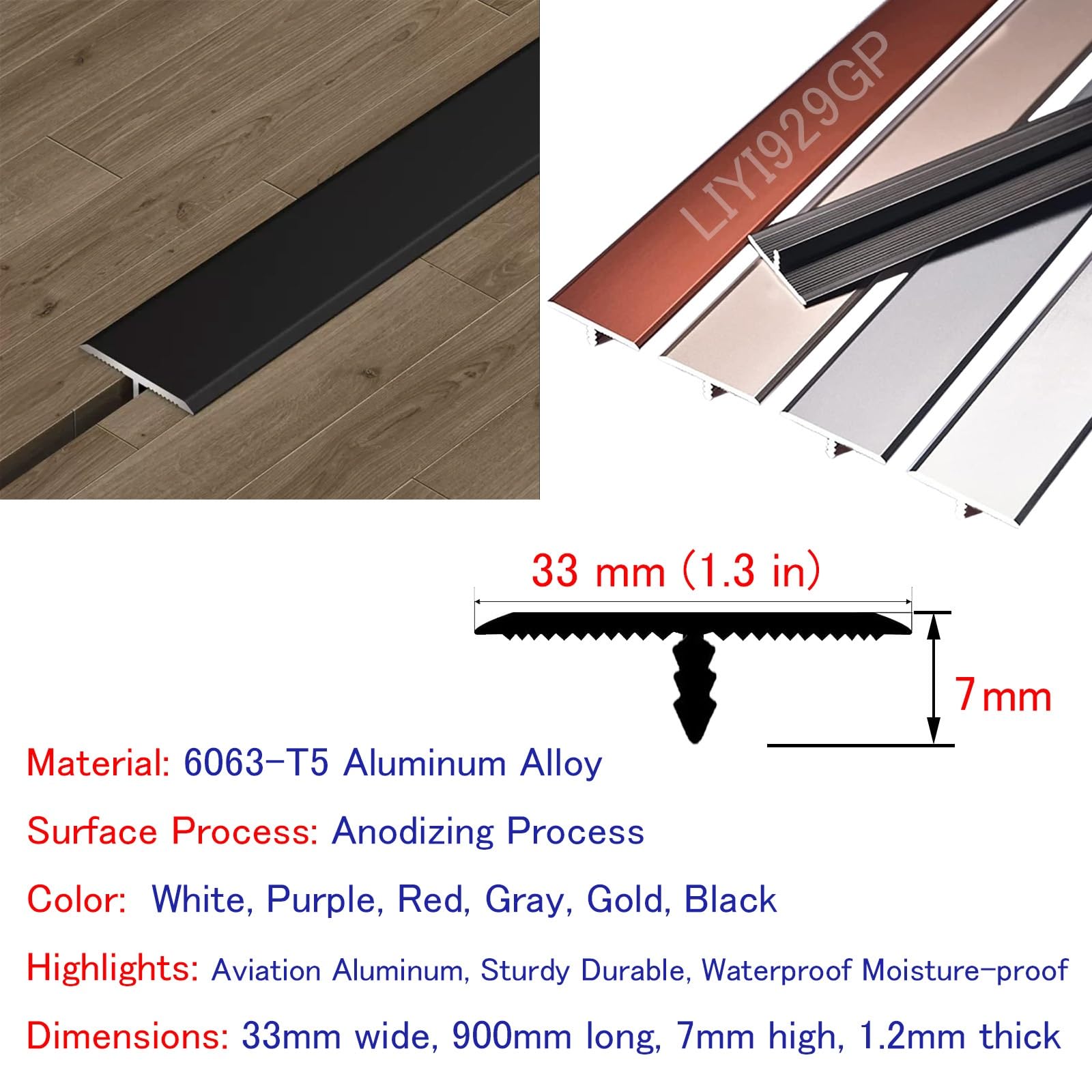 Tira de transición de suelo de aluminio, moldura en T, barra de transición para suelos de garaje, moldura de puerta de vinilo laminado, revestimiento de borde de puerta, listón de umbral (dorado, 900