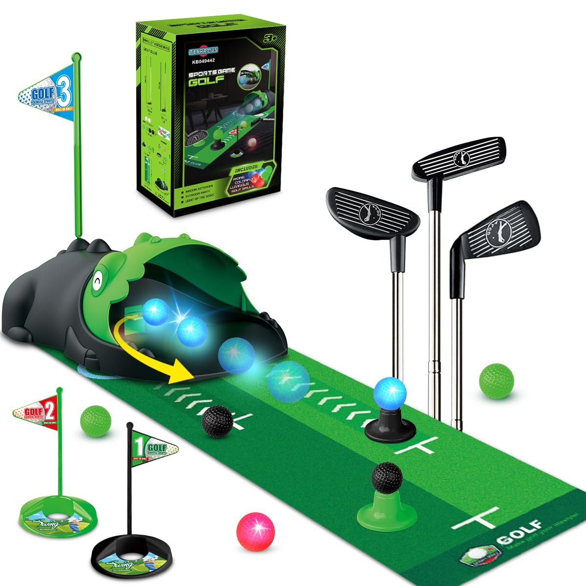 TERRAMUS Verbessertes Minigolf Set Spielzeug für Kinder, 14PCS Indoor Outdoor Golfkoffer Spiel Set mit 2 bunten Golfschläger, 6 Bälle, Putting Matte Spielzeug für Jungen