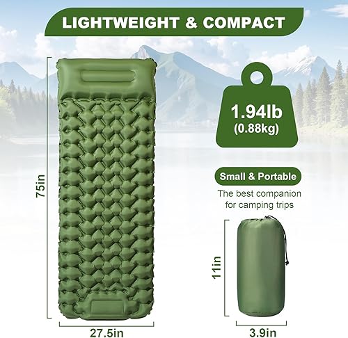 Miniatura 2 de Colchoneta de dormir para camping, ultraligero (1.9 libras) inflable con almohada integrada y bomba de pie, almohadilla de aire compacta de 4