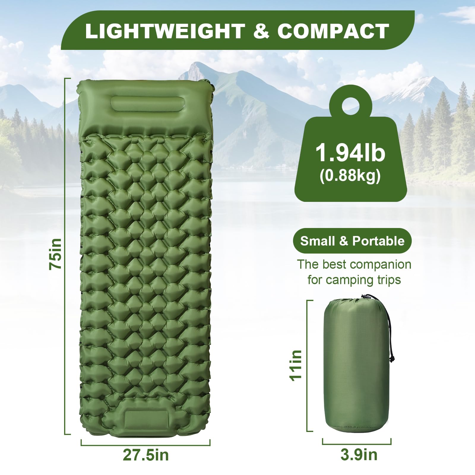 Yewkoisl Sleeping Pad for Camping - Ultralight (1.9lbs) Inflatable Camping Mattress with Built-in Pillow & Foot Pump, 4